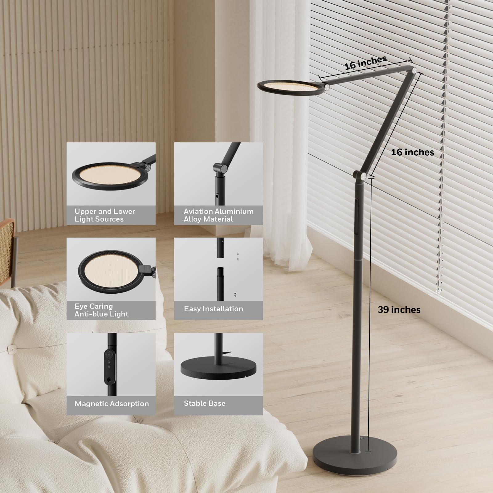 Honeywell LED Floor Lamp - Dimmable Standing Light, 5 Colors & Brightness, Black, Model HWL-F01BK