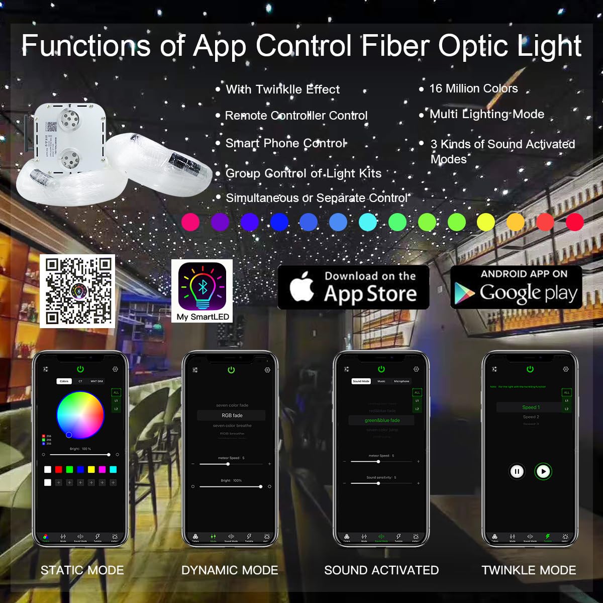 Akepo 32W Rgbw Twinkle+App+Sound Activated Dual Head Fiber Optic Lights Kit, Star Ceiling Sky Light Total 1110Pcs Of 16.4Ft/5M M