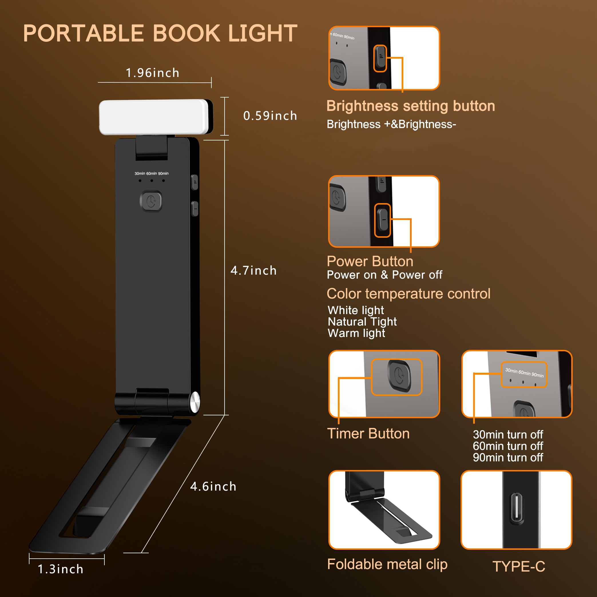 SRTCLLT Book Light, Rechargeable 1500mAh, 3 Color Adjustable, 3 Brightness, Portable Night Lamp, ABS Material, Without Screen