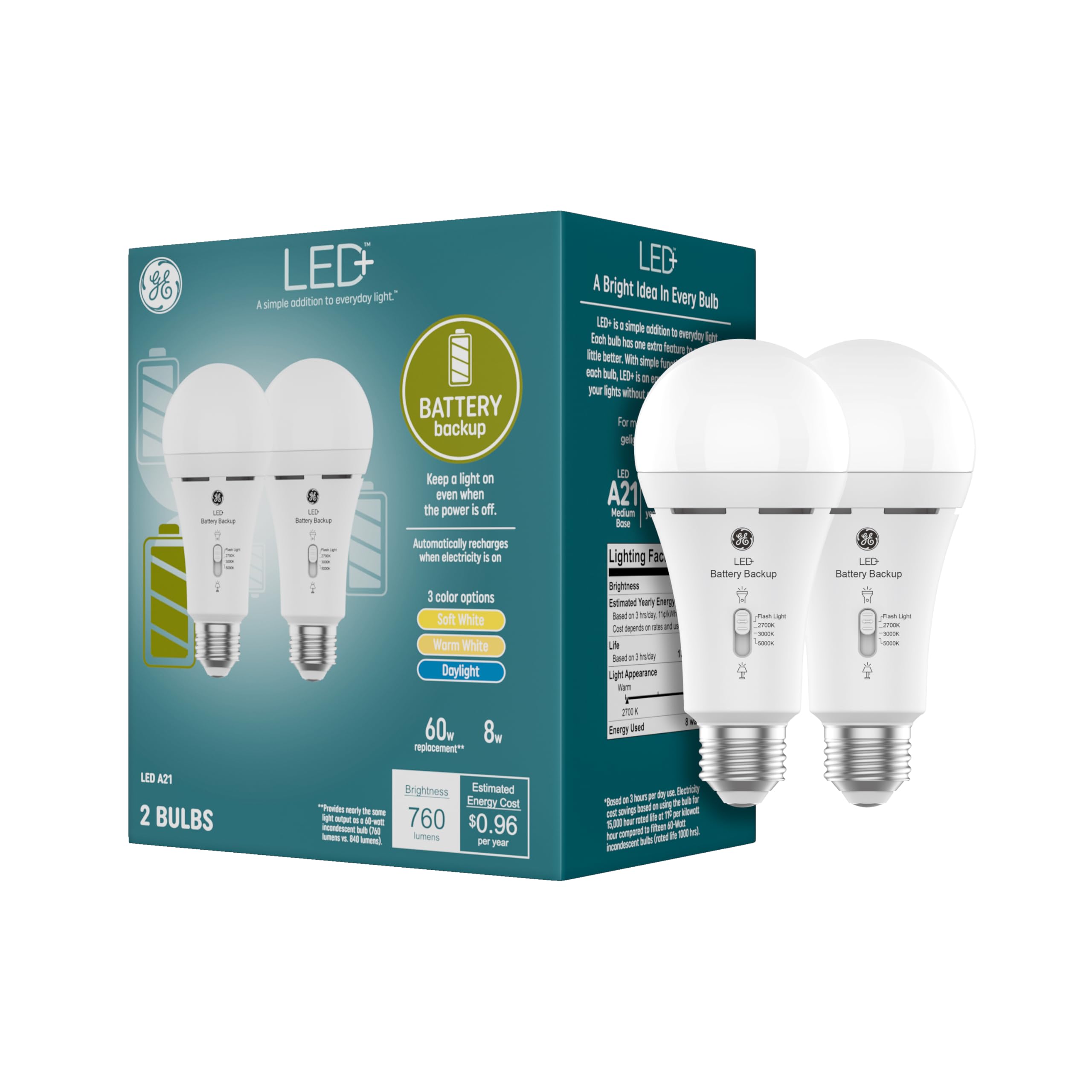Ge Led+ Backup Battery Led Light Bulbs, A21 Rechargeable Emergency Light For Power Outages + Flashlight, Soft White (2 Pack)