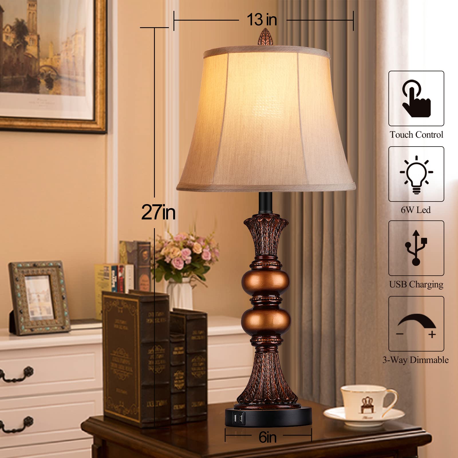 Set Of 2 Touch Control Traditional Table Lamp, 27&quot;H Bedside Lamps With 2 Usb Charging Ports, 3-Way Dimmable Bronze Finish Large Nightstand Lamps With Bell Faux Silk Shade For Living Room, Bedroom