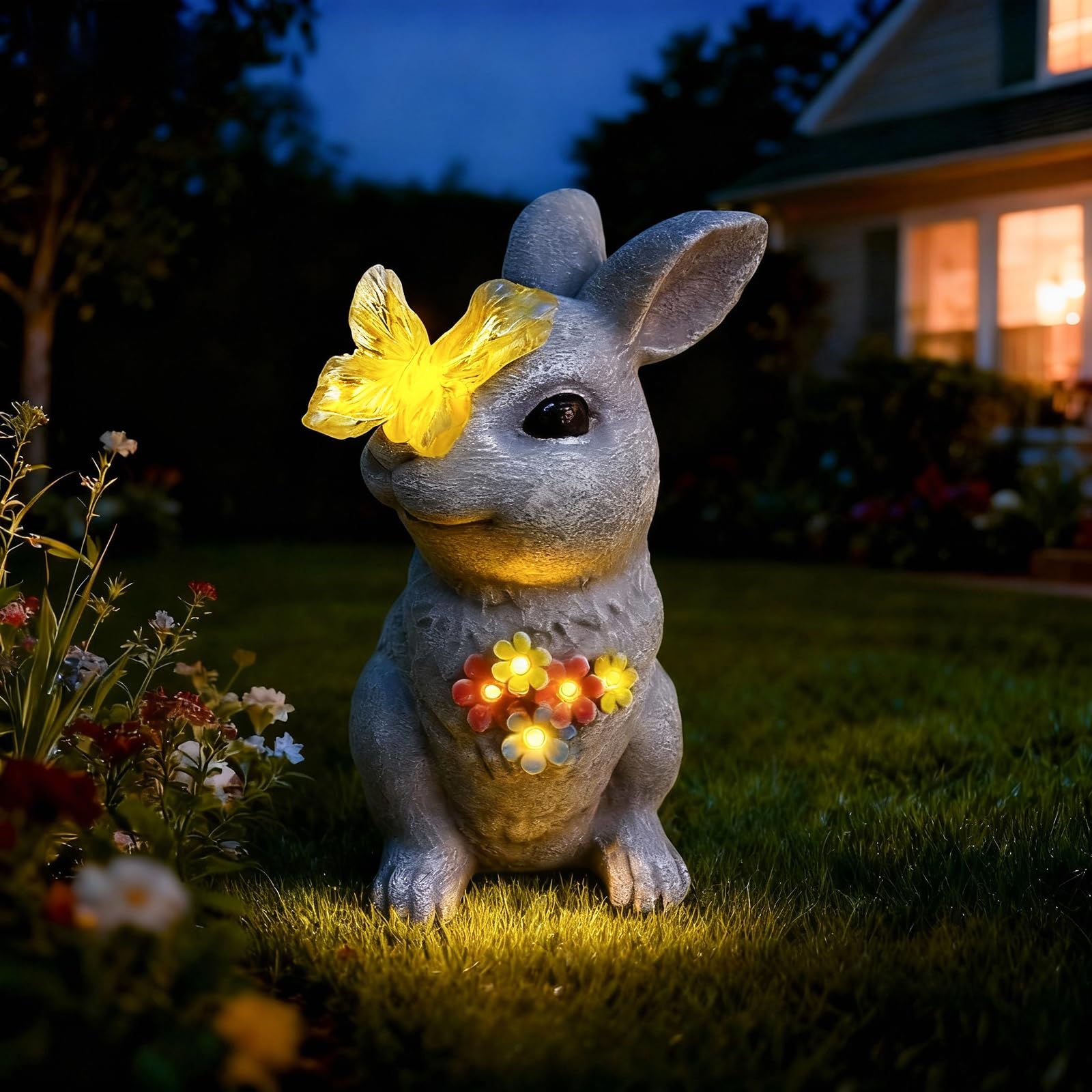 Loungelore Solar Bunny Garden Statue with Glowing Butterfly - 8.3 Outdoor Garden Decor for Yard  Patio - Resin Rabbit Figurine Lights - Ideal Easter Decorations & Birthday Gifts for Mom  Grandma