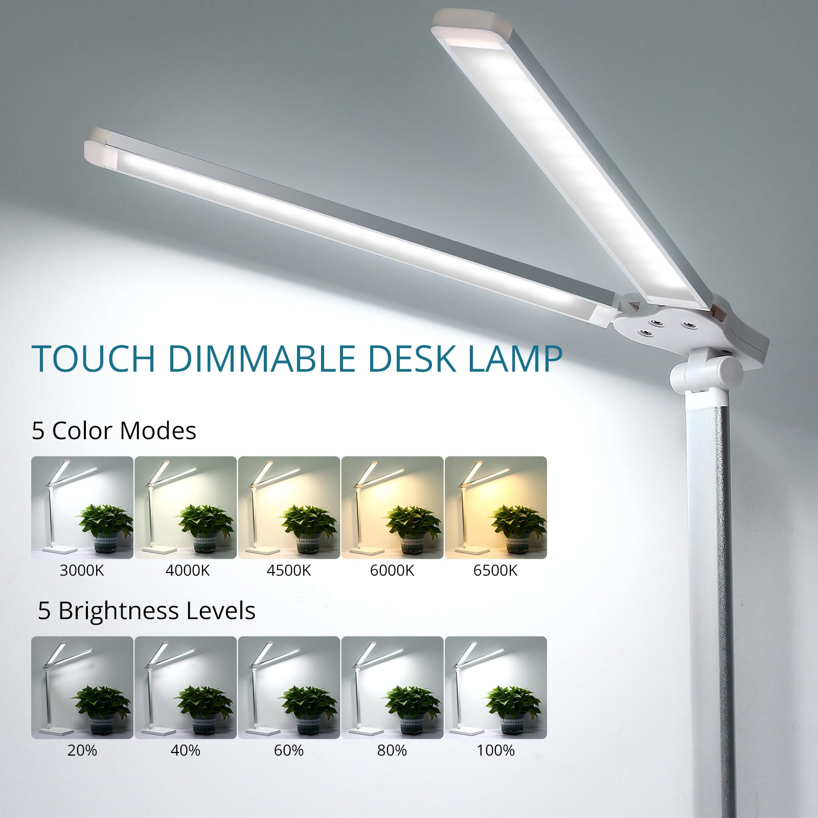 Semlos Dual Head Led Desk Lamp, Eye-Caring Table Lamps, 5 Lighting Modes & 5 Brightness Levels, Touch Control, Dimmable Desk Lig