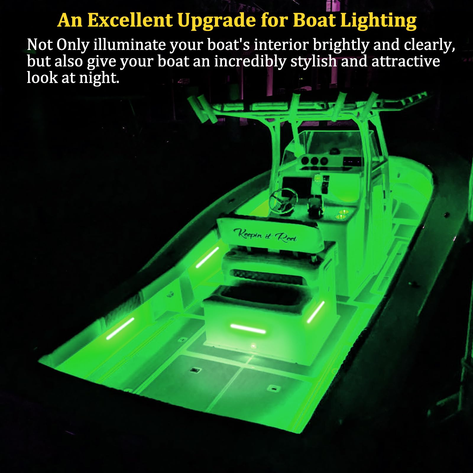 Botepon Marine LED Boat Interior Lights, IP67 Waterproof, No Drill, Green, Model BP-6led-strip light-10 for Deck/Cockpit Lighting