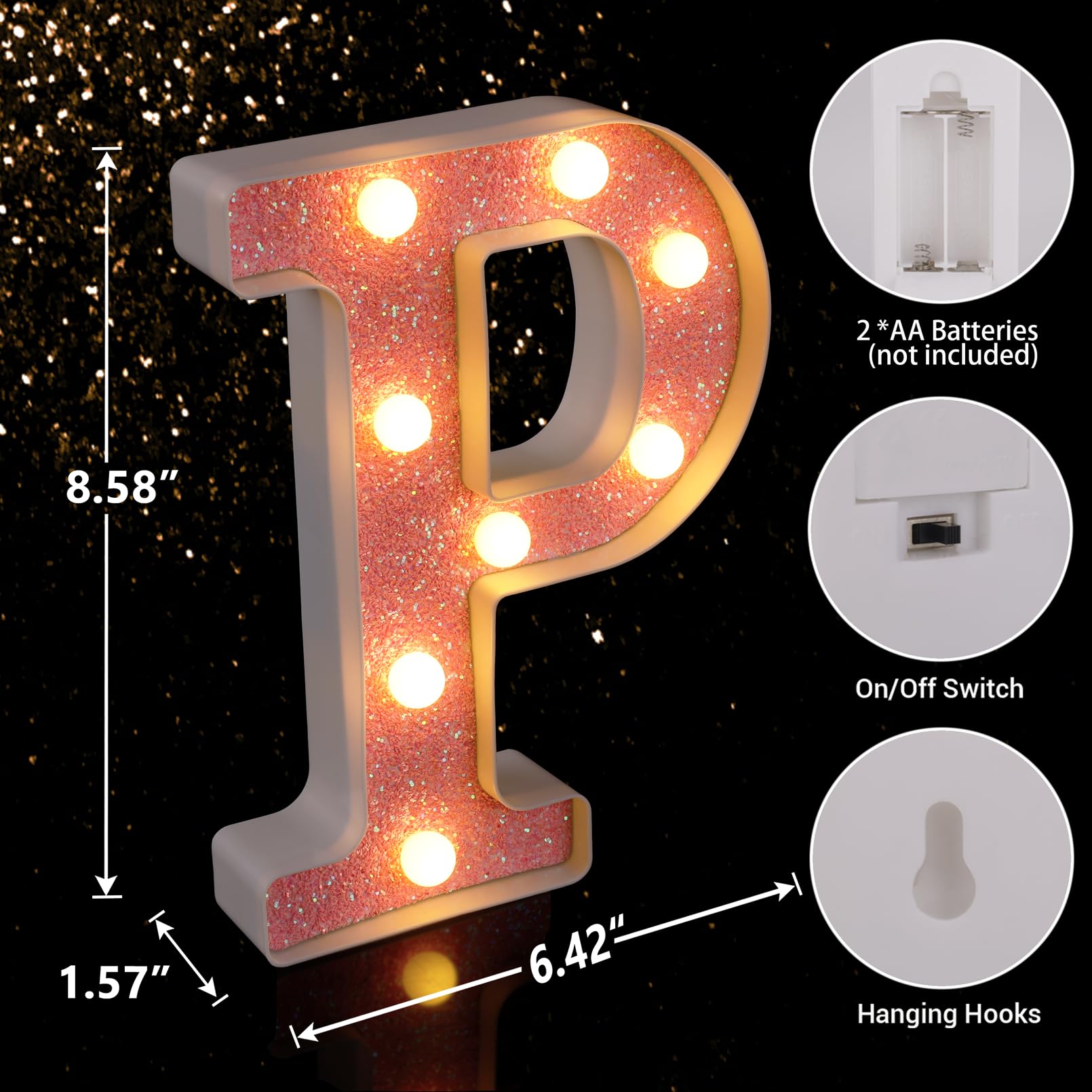 TRONSBOO LED Letter Lights Marquee Sign - Pink Glitter Battery Powered, Decorative Alphabet for Home, Party, Wedding, Birthday, Model P