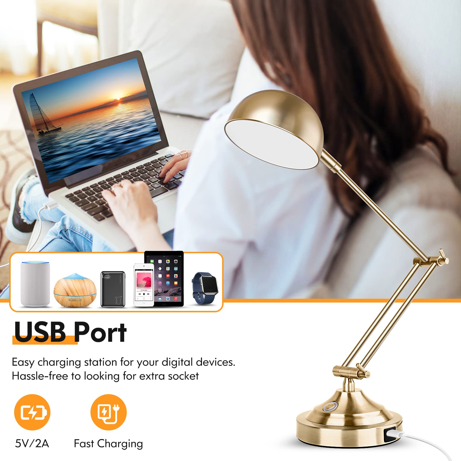 Tobusa Gold Dimmable Desk Lamp With Usb Port, Touch Control, 3 Color Modes, Brass Retro Style