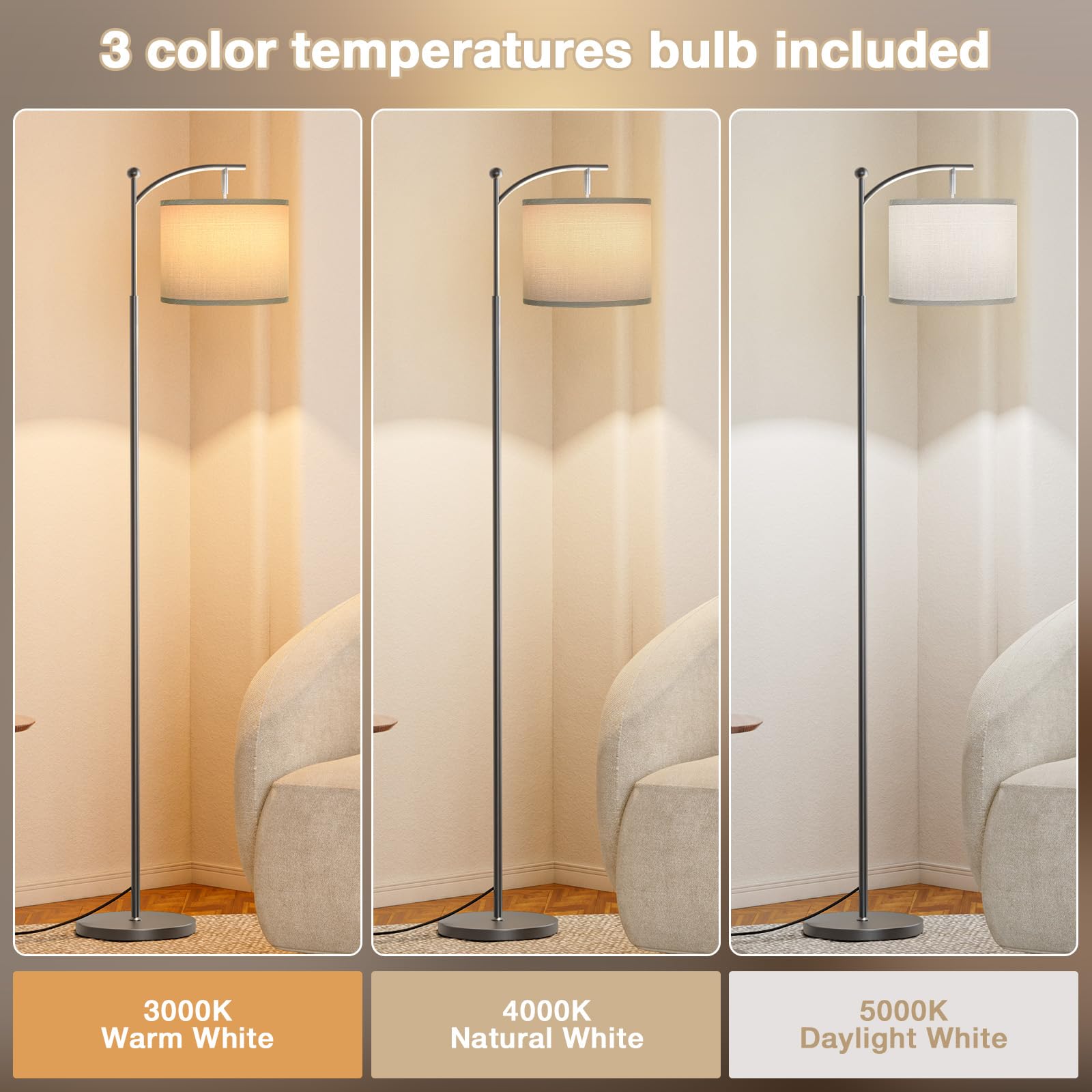 60'' Floor Lamps For Living Room With 3 Color Temperatures, Adjustable Gray Shade With Deep Gray Pole, Tall Lamps For Living Roo