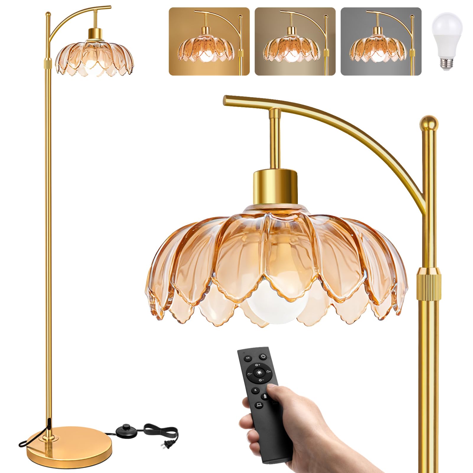 Biulazyda Arc Floor Lamp with Remote: Dimmable LED Gold Floor Lamps for Living Room Bedroom Office, Vintage Flower Adjustable Ta