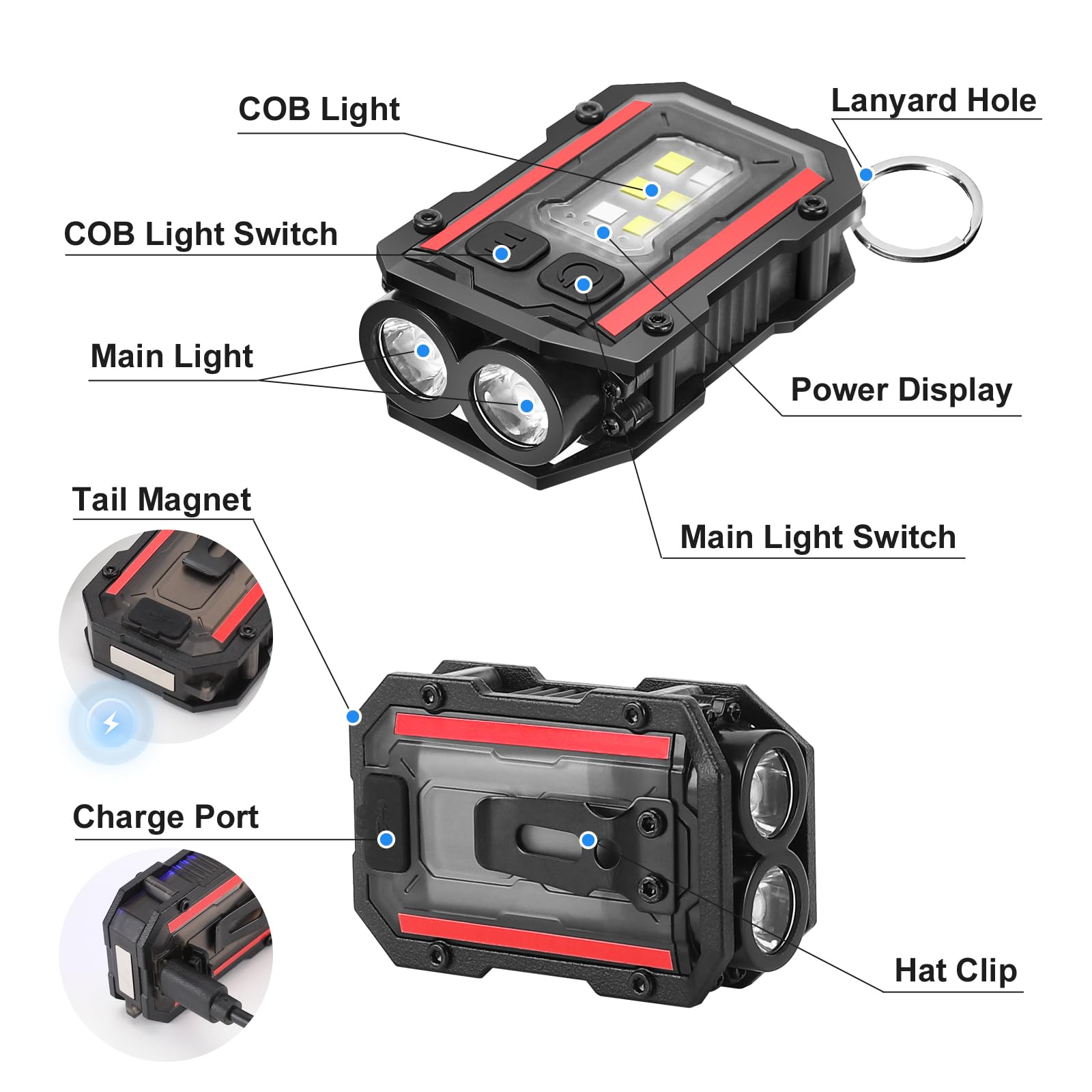 SUNPRO Mini Keychain Flashlight, 8 Modes, Type-C Rechargeable, Black, Model QK-MNSD, Ideal for Hiking, Camping, Emergency