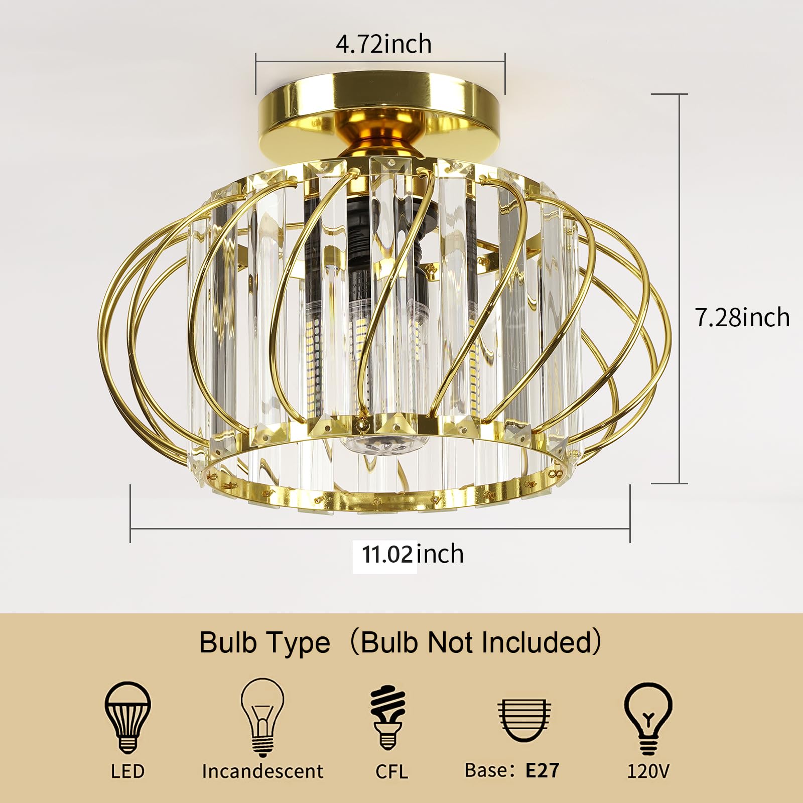 Frideko Home Semi Flush Mount Ceiling Light - Crystal Chandelier Hallway Lighting Fixtures Ceiling Gold Ceiling Light Fixture Fo