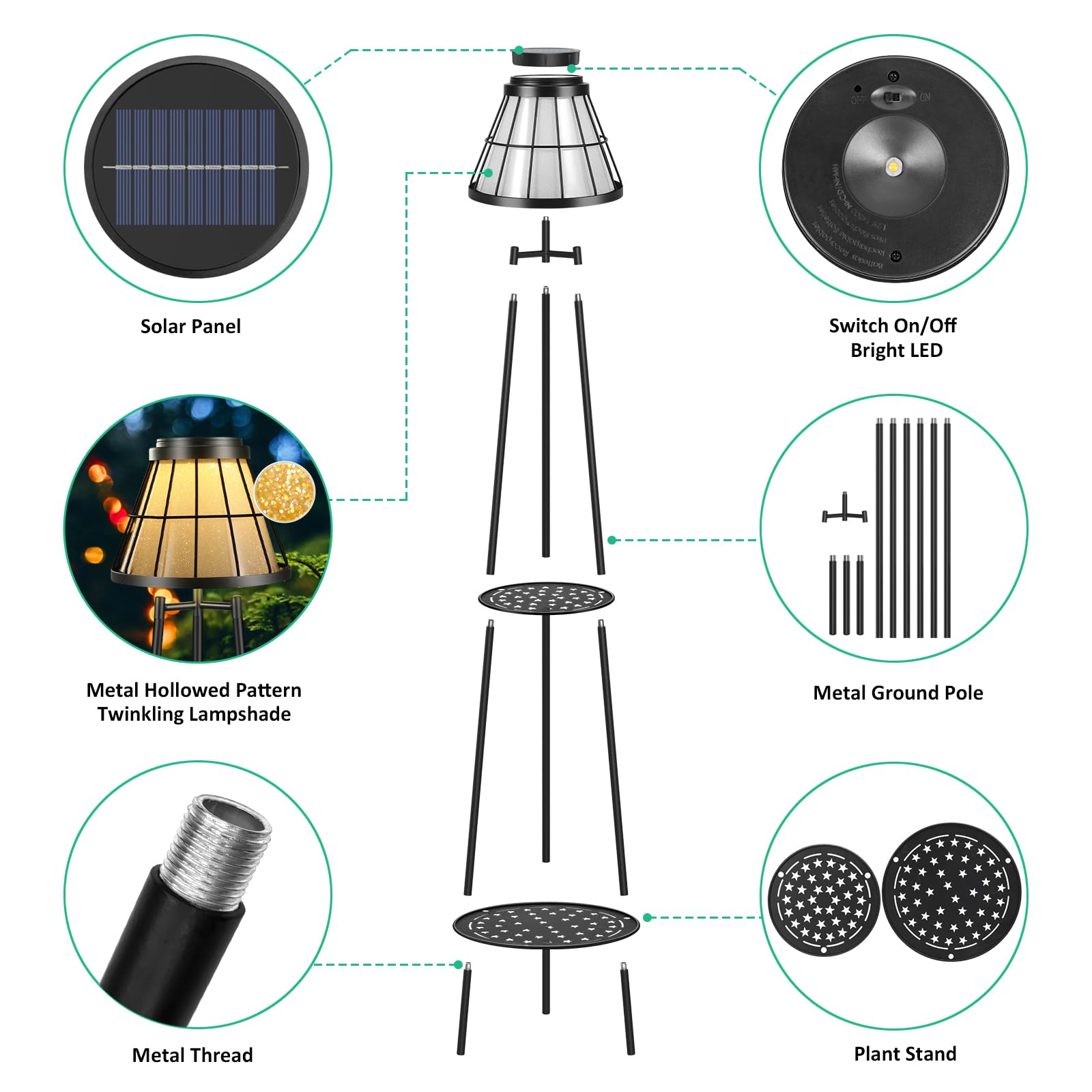 Visflair 2 Pack 45.5'' Outdoor Floor Lamps With 2 Tier Plant Stand, Solar Powered Metal Waterproof Lights For Patio Deck Yard Ga