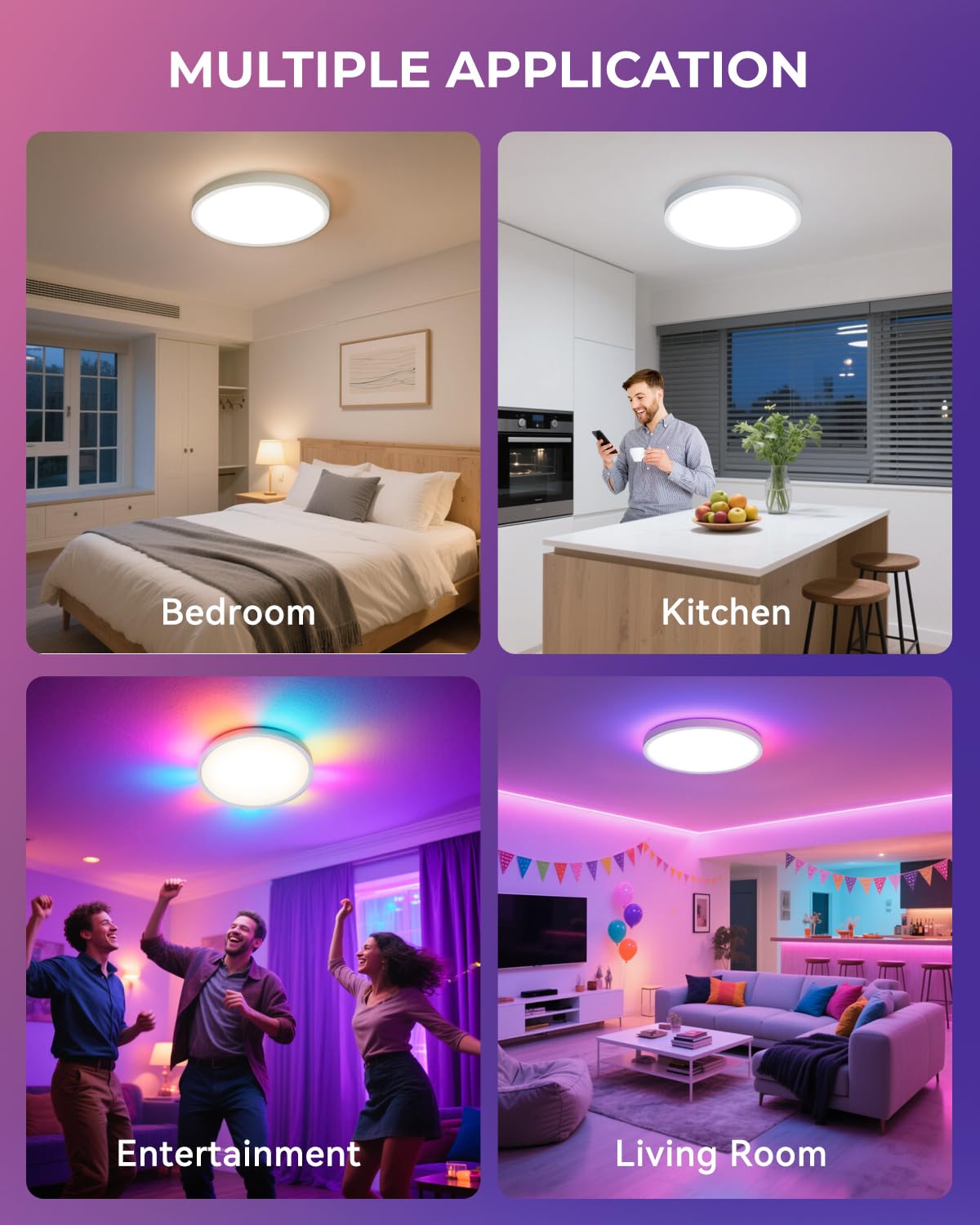 SUNLINKCO 12 Inch Flush Mount Ceiling Light, Smart RGB+IC LED, Dimmable 2400LM, 2700K-6500K, White, Model Sun-CL-