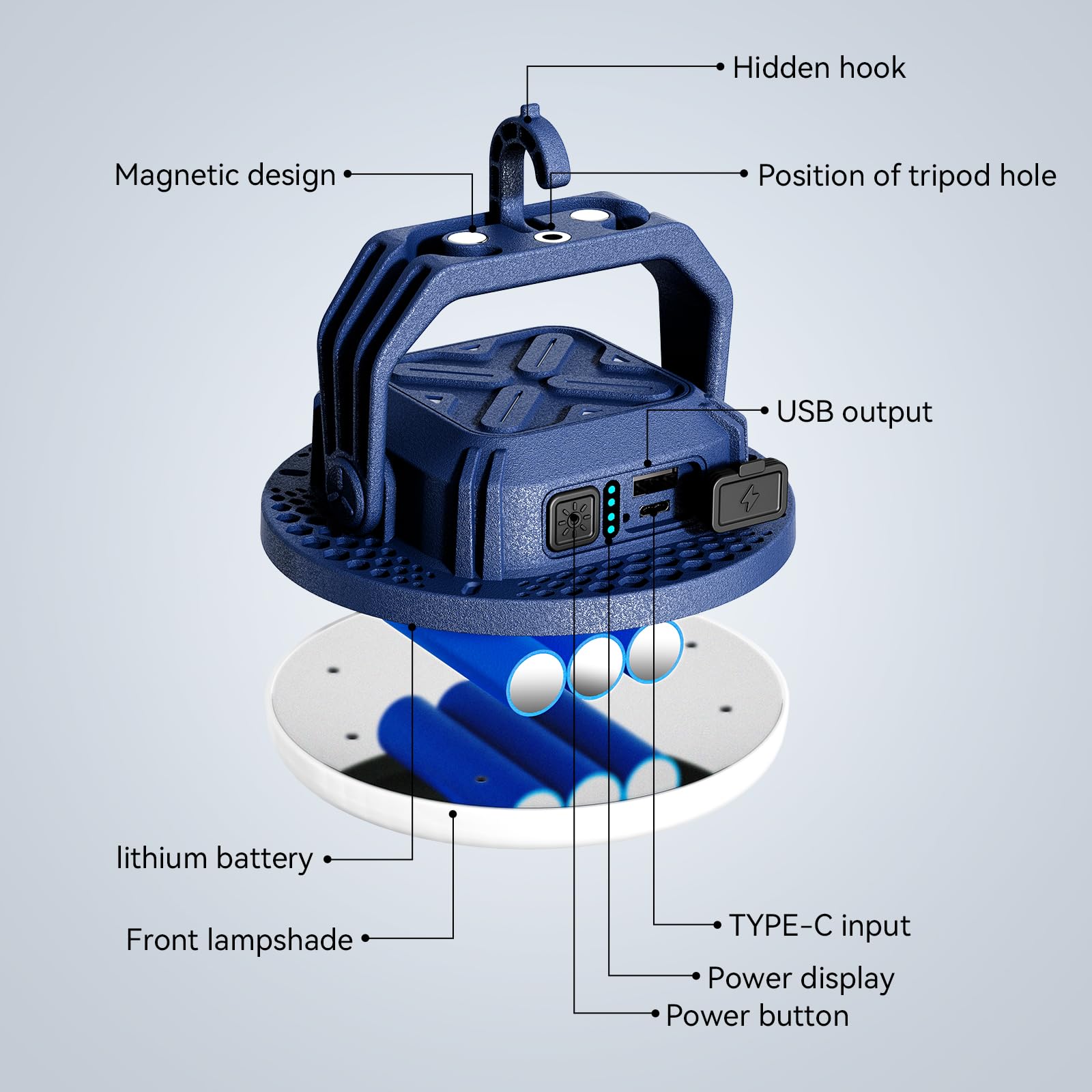 VAVOFO 30W LED Camping Lantern - 3000LM, 124 LEDs, 7200mAh, IP65 Waterproof, Rechargeable, Blue, Model KM-FD01