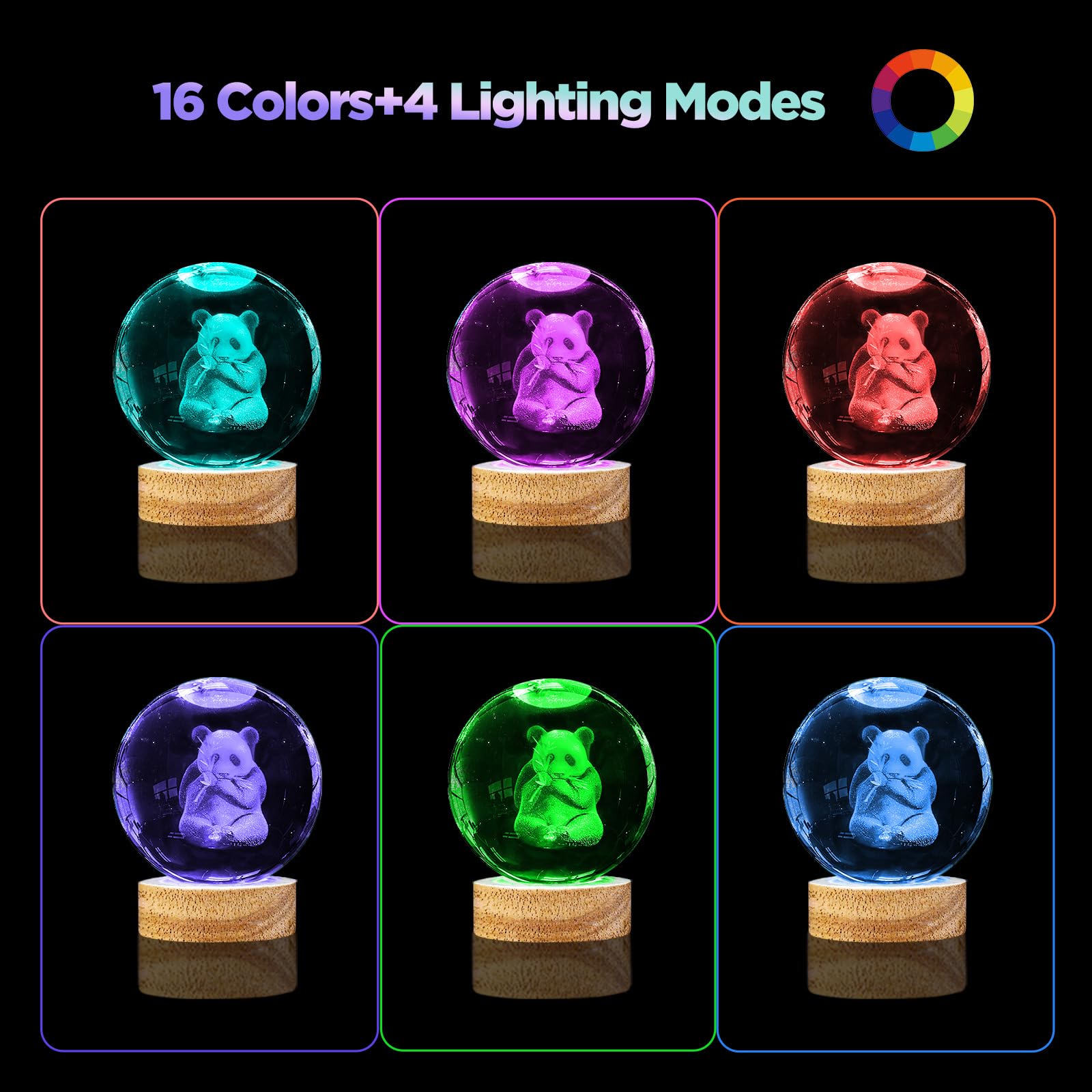 3D Panda Crystal Ball Night Light With 16 Color Led Wooden Base, Upgraded 3.15 Inch Panda Glass Ball Lamps With Remote For Birth
