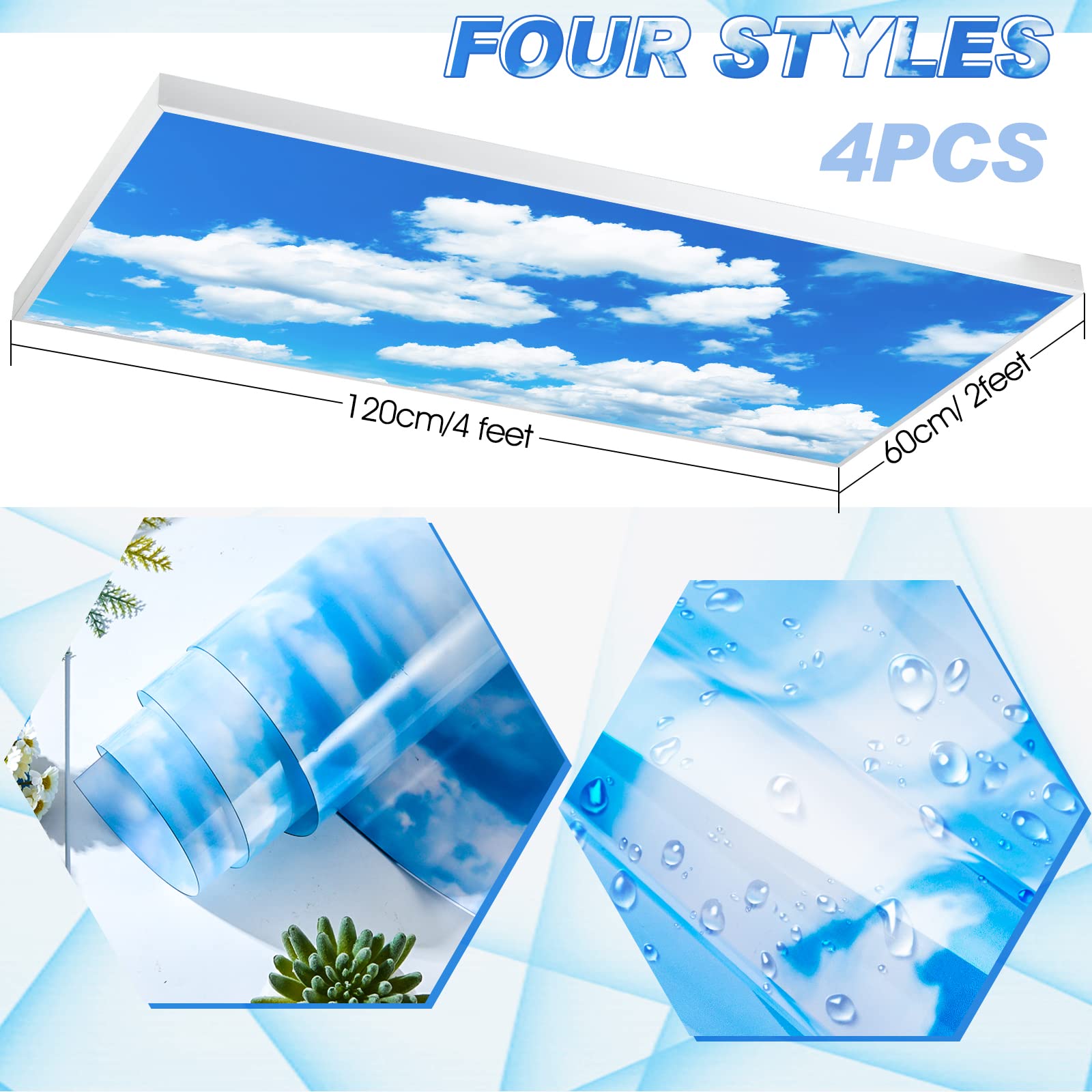 Amylove Fluorescent Light Covers - Cloud Design, PVC Material, 4x2 Feet, White & Blue, Ideal for Office & Classroom