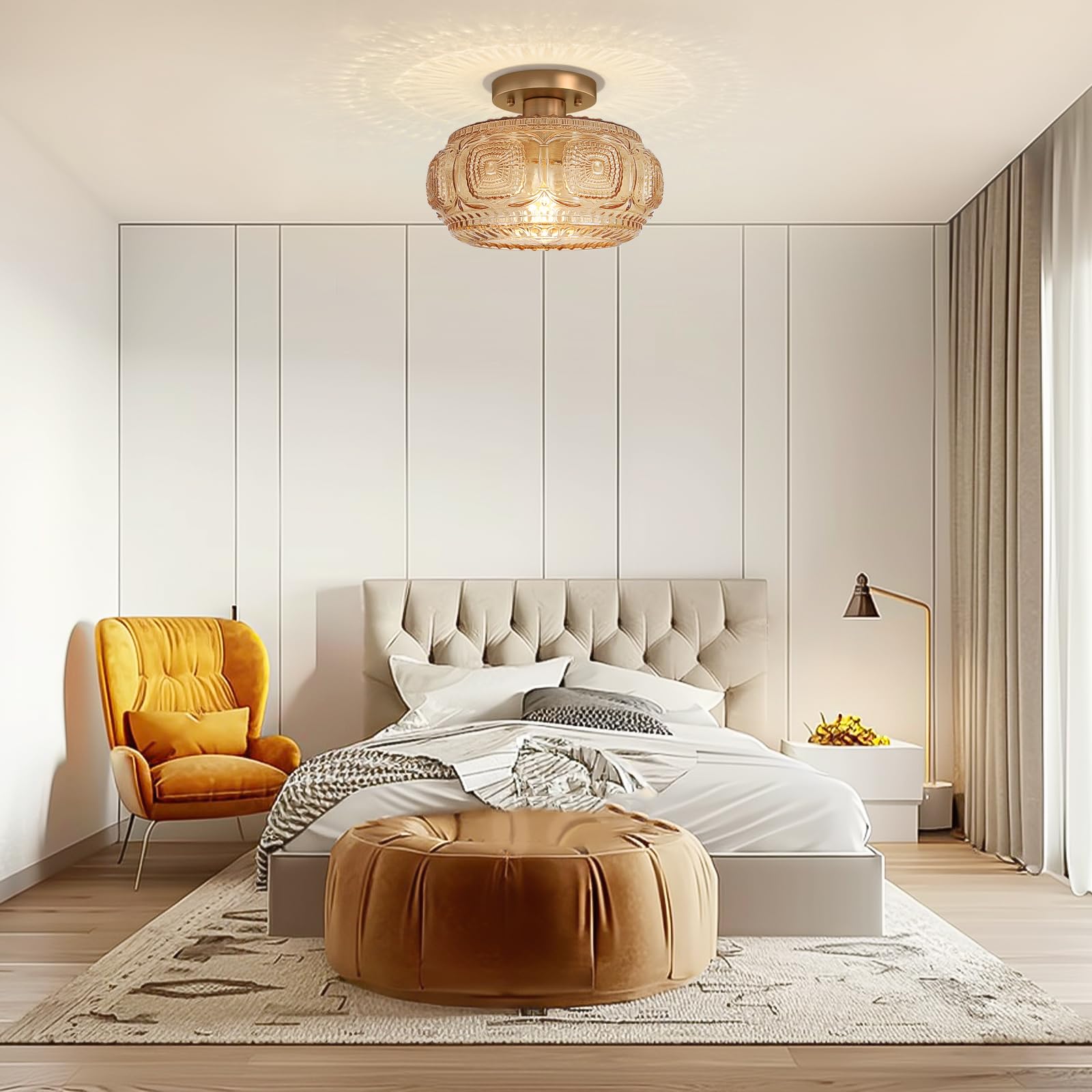 Oykyohei Semi Flush Mount Ceiling Light  Upgraded Larger Amber Glass Ceiling Light Fixture  Vintage Lighting For Hallway Kitchen Bedroom Dining Room  Bulb Not Included