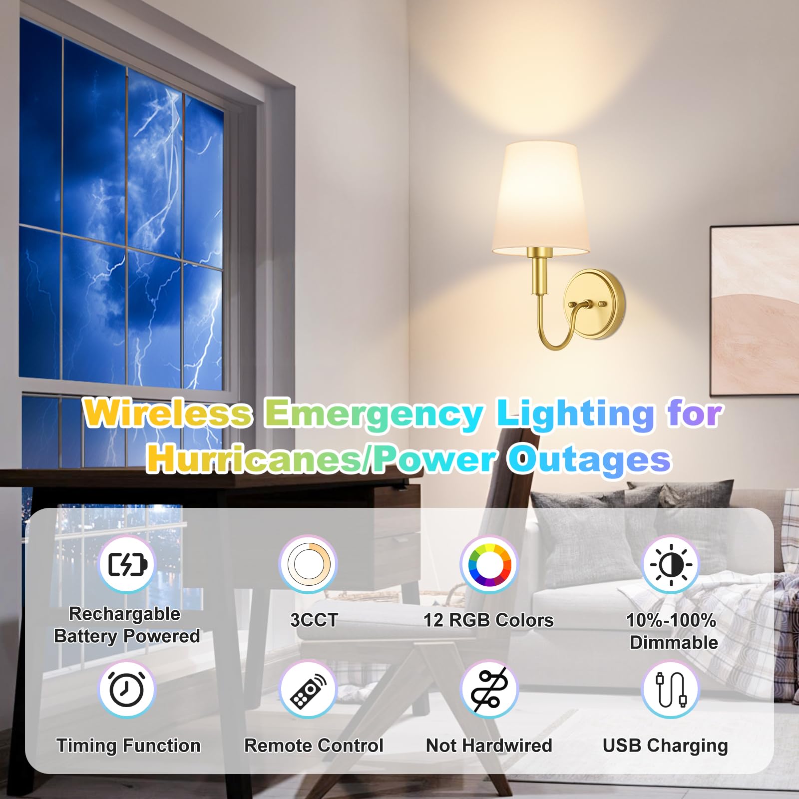 Odnora Wireless Rechargeable Wall Sconce, Battery Operated Wall Lights With Remote, Wall Lamps With Dimmable Rgb Led Bulbs, No W