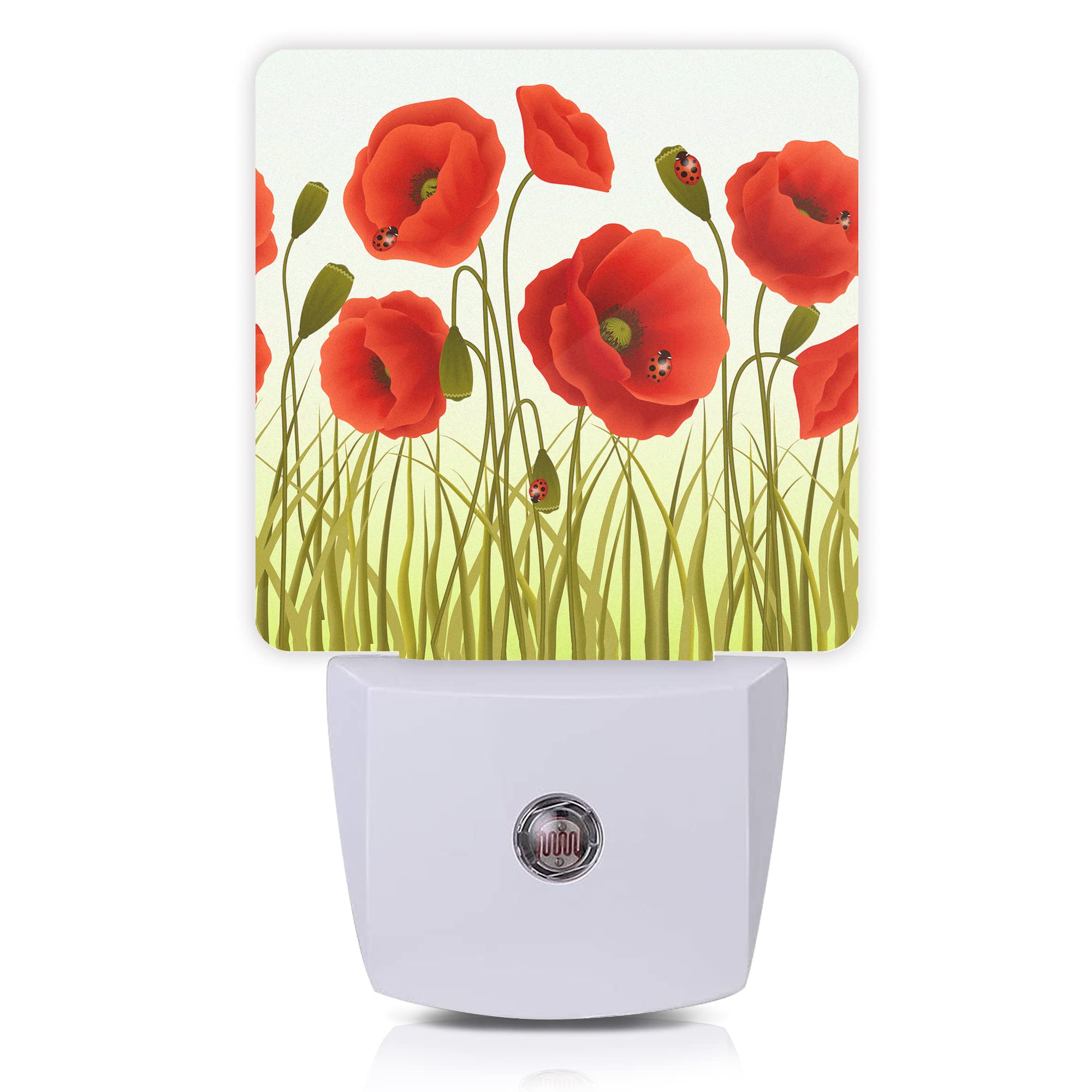 Oeaskly Red Flowers Night Light,Red Poppy Flowers and Ladybugs Plug-in Night Lights with Dusk-to-Dawn Sensor for Stairway/Hallwa
