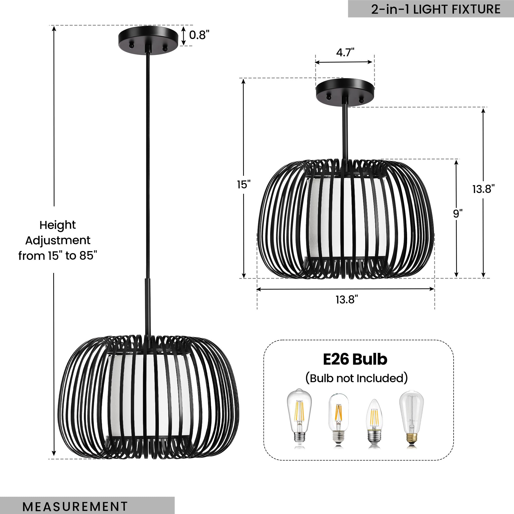 Linour Black Chandelier Ceiling Light Fixture, 13.7in Metal Drum Pendant, Adjustable, Model 8220PL-01BK-US