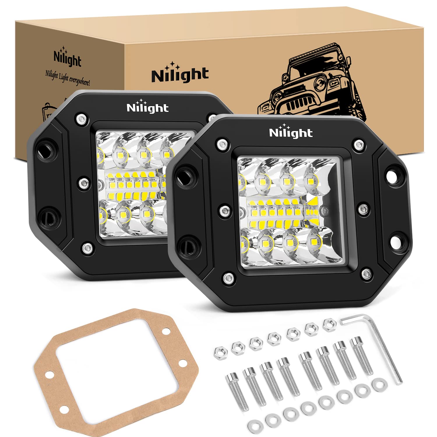 Nilight 2PCS 42W Flush Mount LED Light Pods Spot Flood Combo Backup Reverse Driving Headlamp Mount on Bumper Grille for 4x4 Offr