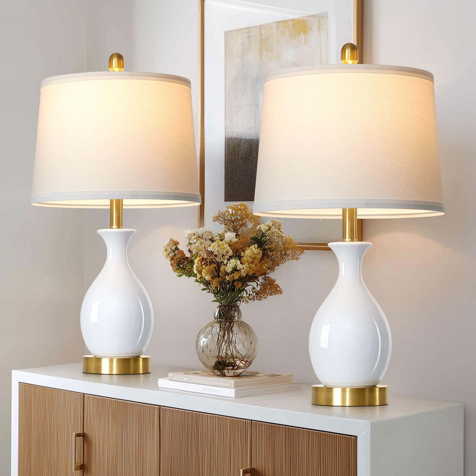 luxeflow 24 White Ceramic Table Lamps Set of 2 for Bedroom, Modern Classic Bedside Lamps for Nightstand, Small Table Lamp for Li