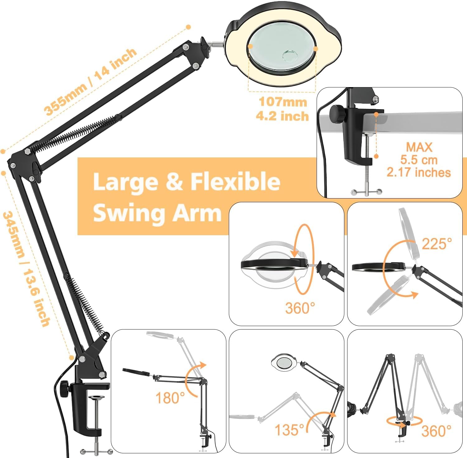 BAISHUN Magnifying Glass with Light, 15X 10X Lens, 84 LED, Adjustable Clamp, Black, Model CJX-111-US
