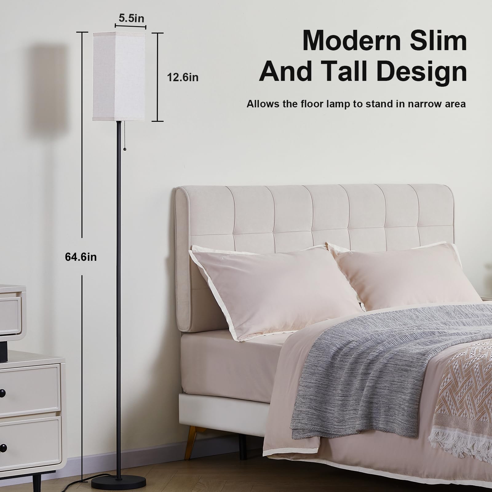 Ziisee Tall Floor Lamp Set Of 2 With Linen Shade - 3 Color Temperature, Black, Led Bulbs, Pull Chain Switch, Easy Assembly(2 Pac