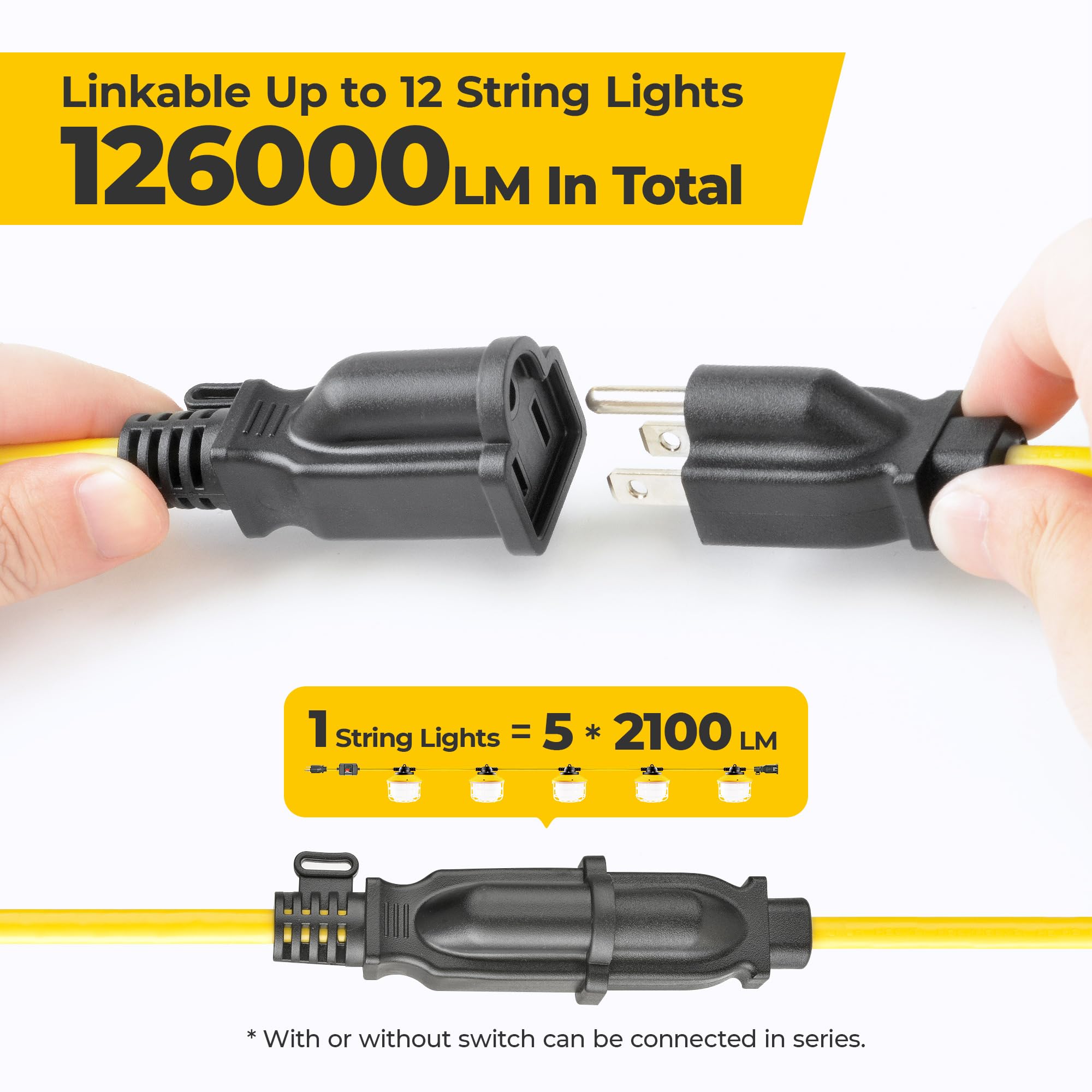 Outdoor Construction Led String Lights With Switch: 3 Prong 50Ft 75W 10500Lm Etl Certified Super Bright Temporary Lighting Hanging Ip65 Waterproof Work Light For Attic Jobsite Garage