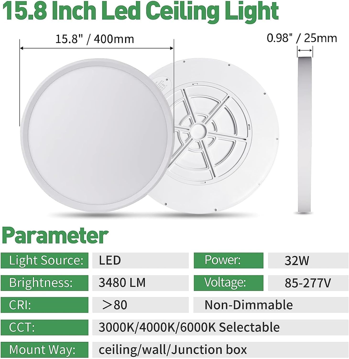 FY WISDOM FLY LIGHTING 4PK 15.8" LED Flush Mount Ceiling Light, 32W, 3480LM, CCT Selectable, White, Low Profile for