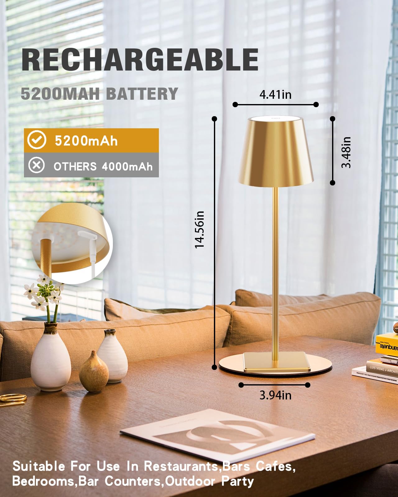 Nerefou 2 Pack Cordless Table Lamp, 5200Mah Battery Operated Lamp,3 Color Stepless Dimming Desk Lamp,Ip54 Waterproof Outdoor Tab