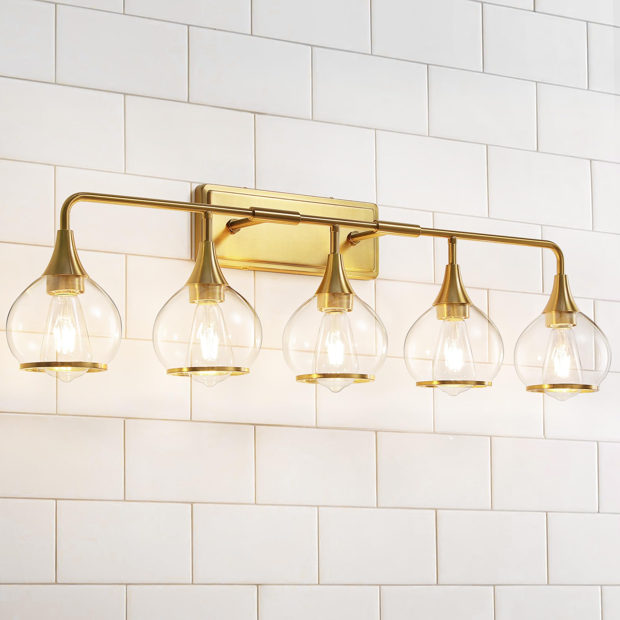 HAHZT Gold Bathroom Vanity Light 5-Lights Sconce, Metal, 39.2 Inch, Clear Glass Shade, Model 8033ML