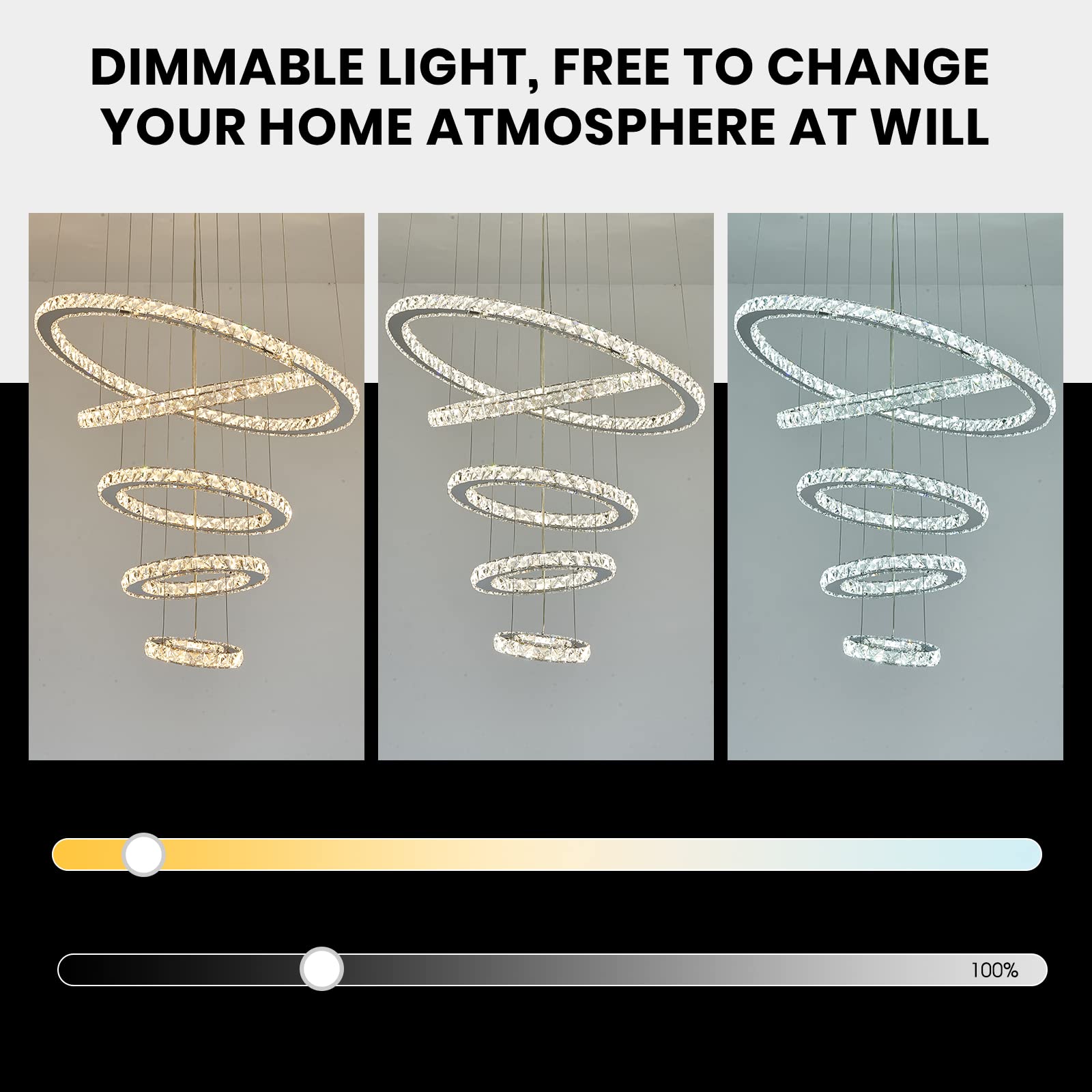 Siljoy Modern Crystal Chandelier Pendant Light Fixture, 5 Rings, Adjustable, Gold, D8in-12in-16in-20in-24in, for High Ceilings, Dining Room, Foyer