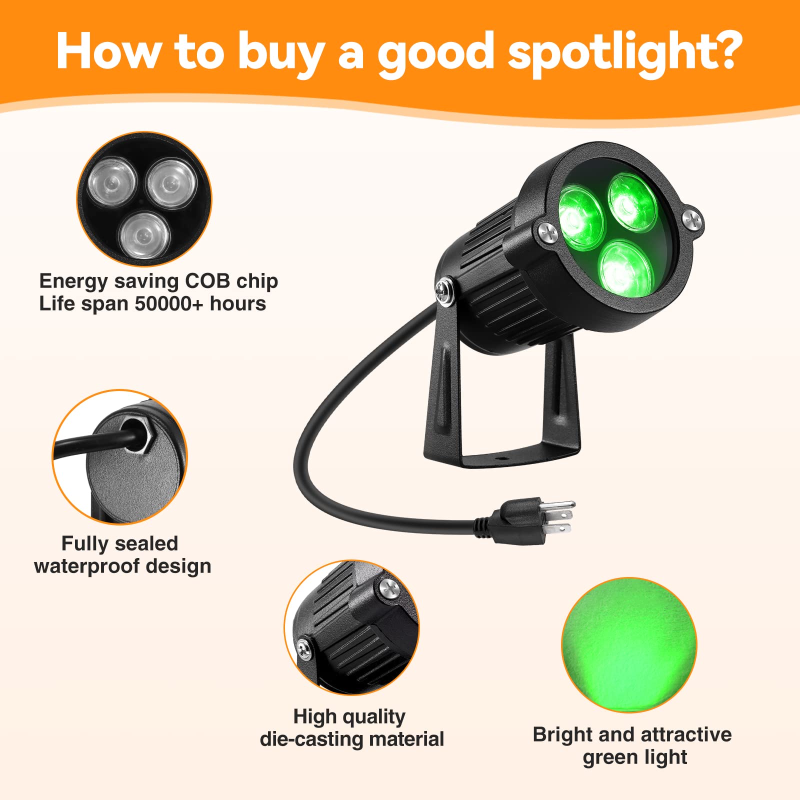 Lemonbest Outdoor Water-Resistant Led Lawn Garden Landscape Lamp Wall Yard Path Patio Lighting Spot Lights Green Ac Spiked Stand