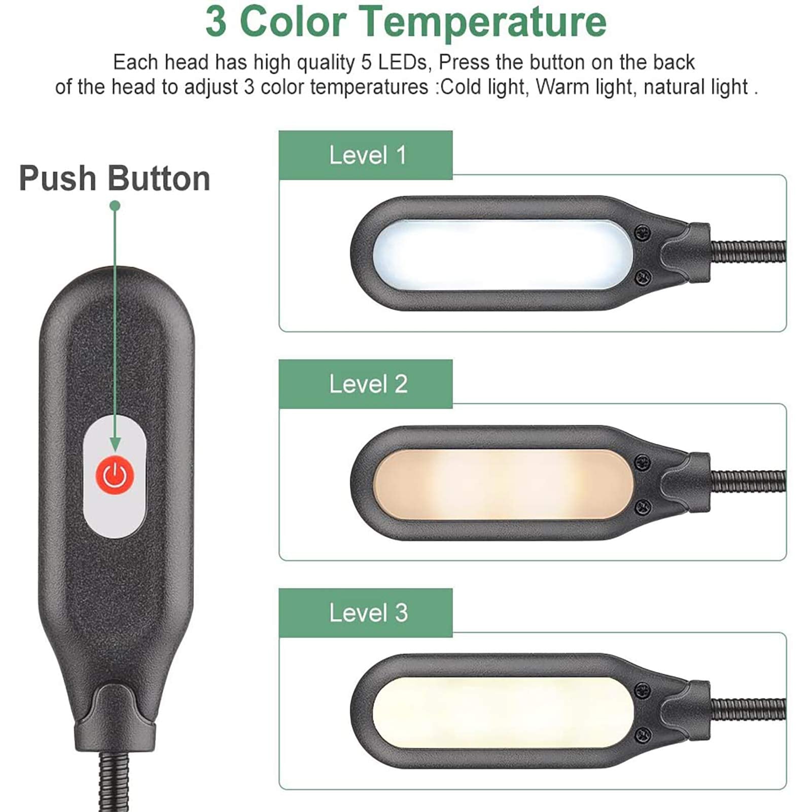GLORIOUS-LITE Clip On Book Light, 10 LED, 3 Color Modes, Battery & USB Operated, Black, Double Head, Model AAA-BLBL-03-BK