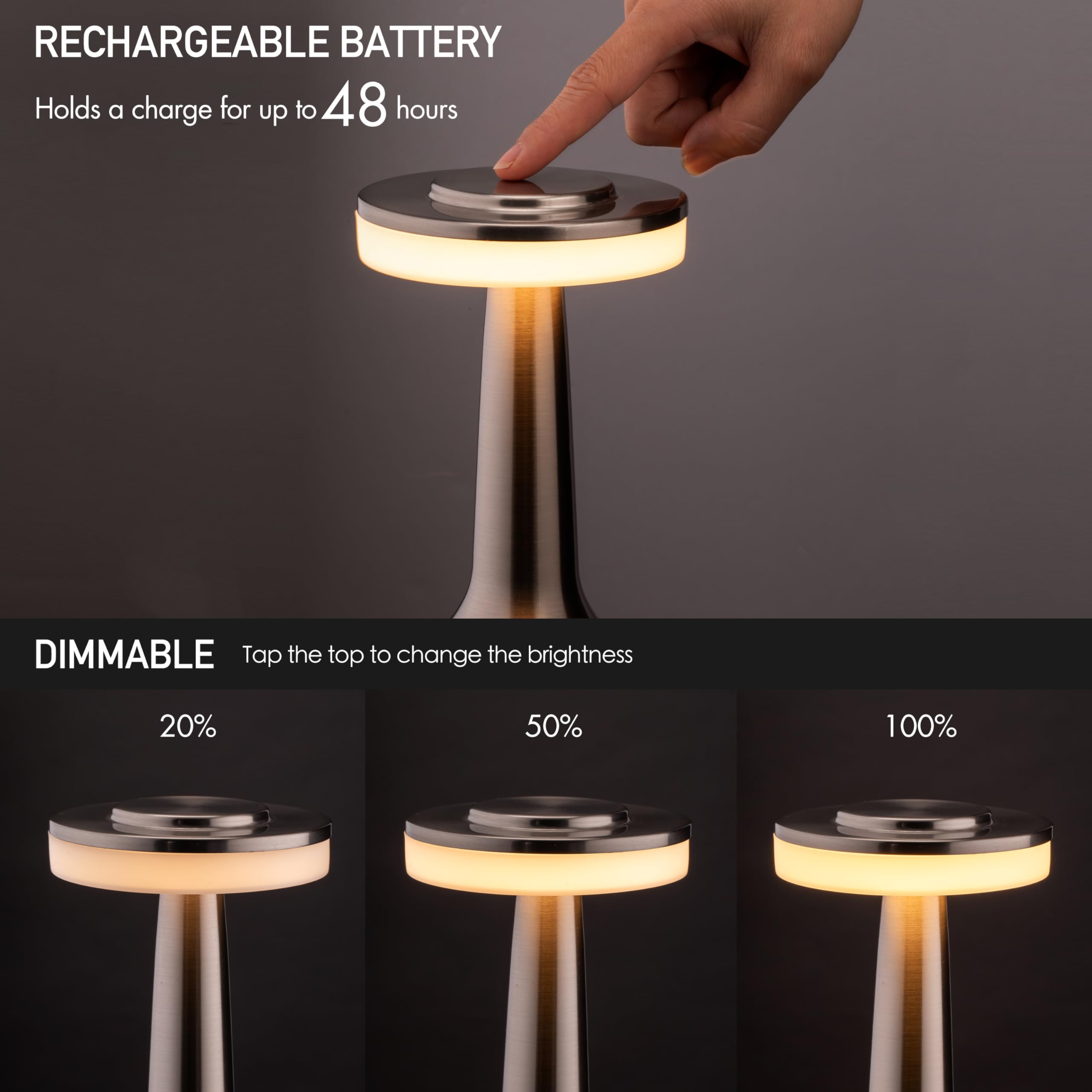 OBright Portable LED Table Lamp, Touch Sensor, 3-Level Brightness, Rechargeable, Silver, Model OB-TL01B