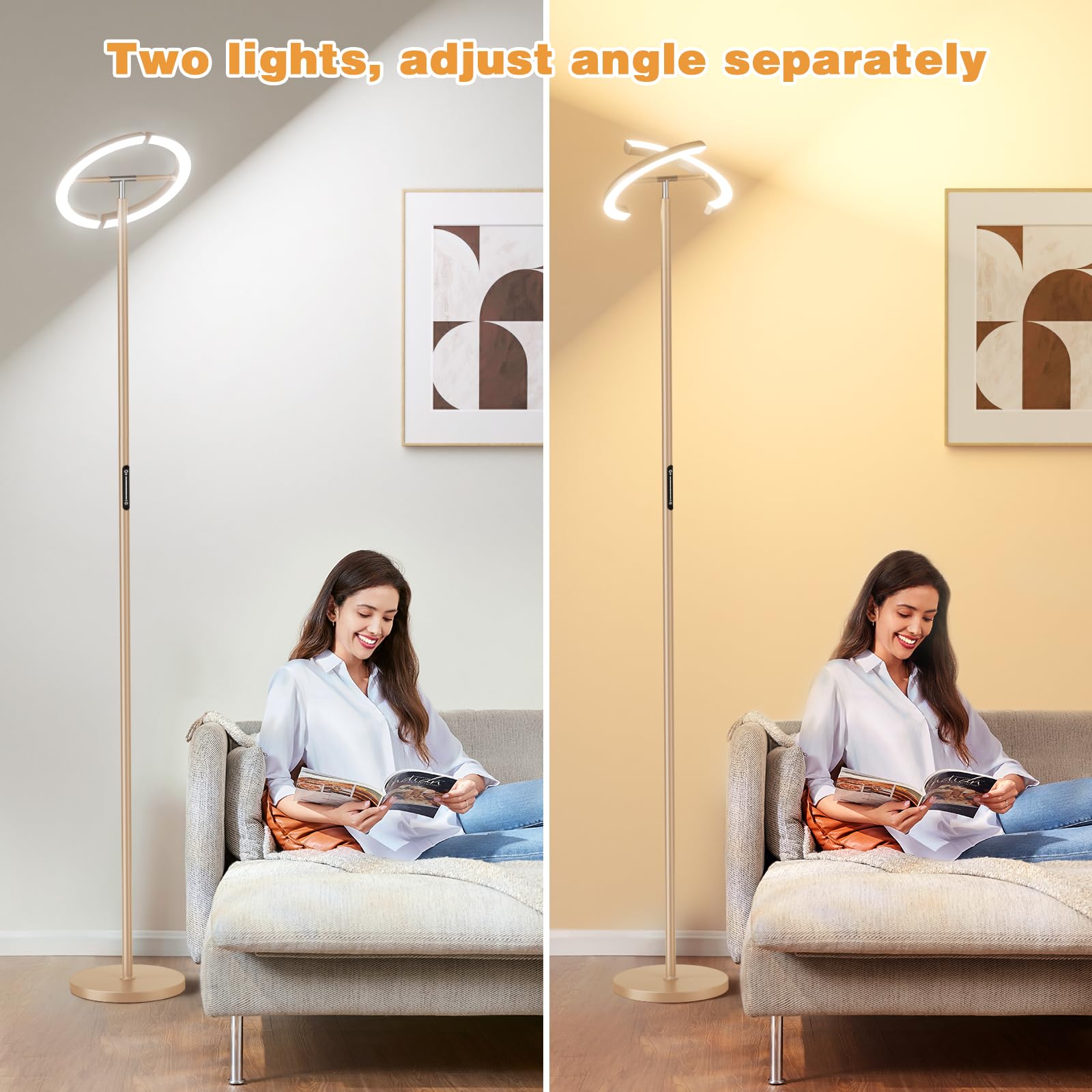 Preeotti Led Gold Floor Lamp - 73.6'' Standing Lamp With 2 Rotatable Lights, Remote & Touch Control, 36W Bright Stepless Dimmabl