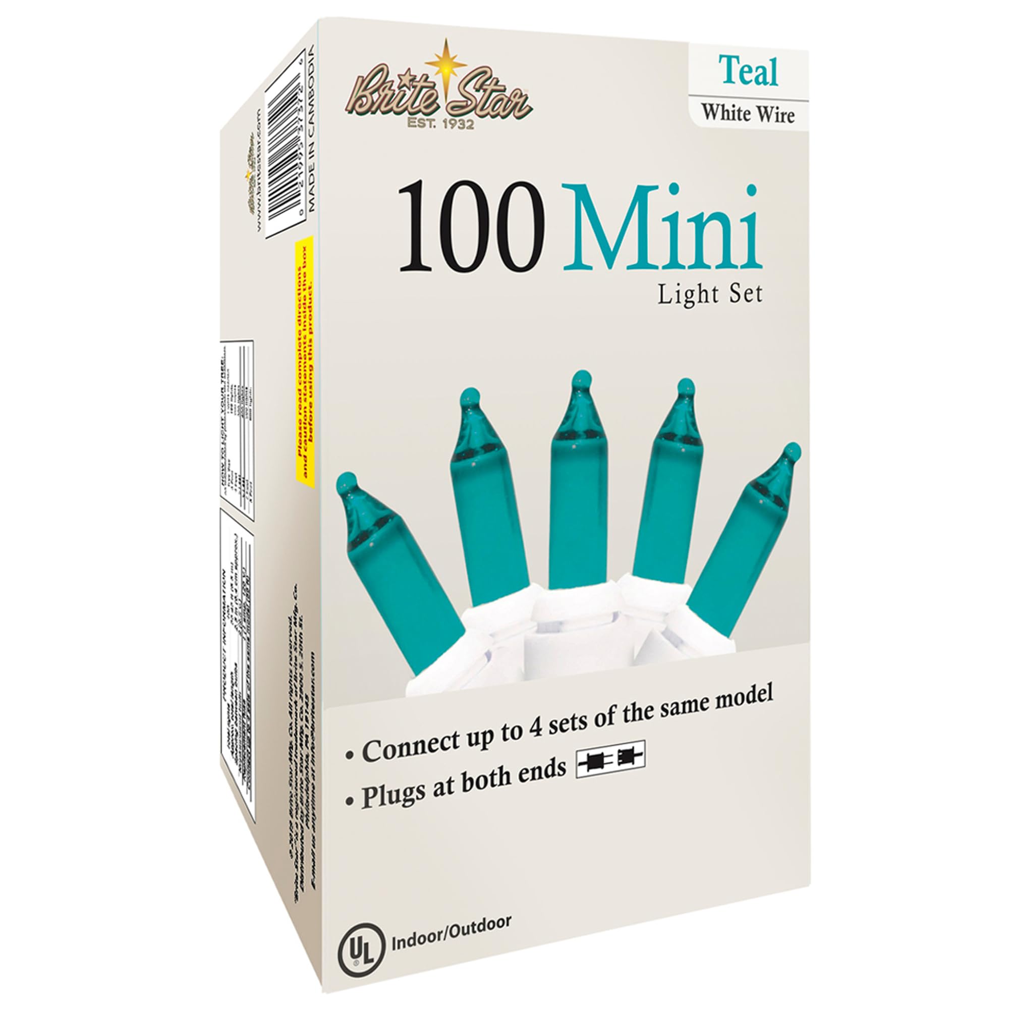 Brite Star 100 Count Mini String Christmas Lights, Teal - 22 Feet Indoor/Outdoor Christmas Tree Lights With White Wire