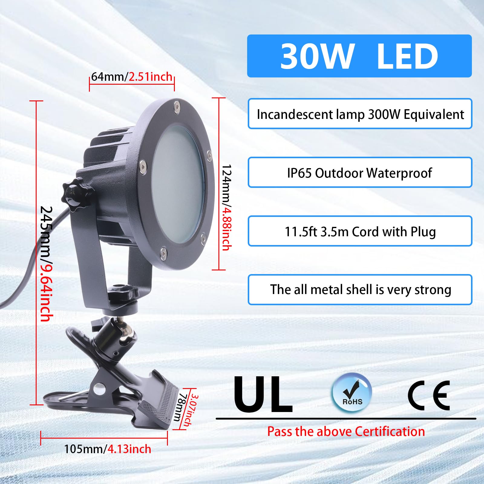 Clip Floodlight 30W Led Work Light Ip65 Waterproof 300W Equivalent 11.5Ft 3.5M Cord With Plug Lights For Workshop Garage, Construction Site Applicable To Various Environments (30W Warm White)