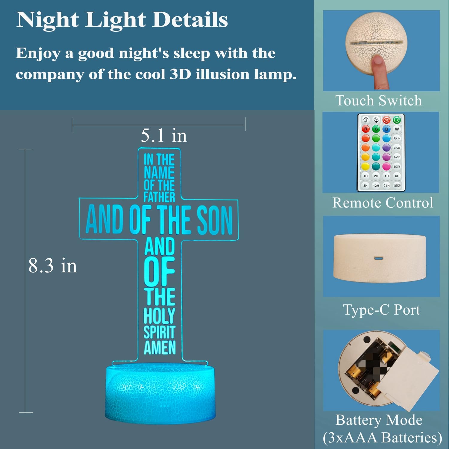 POSSHE 3D Cross Night Light Lamp, 16 Colors, Remote Control, Dimmable - Jesus Gift for Christmas & Birthday Decor