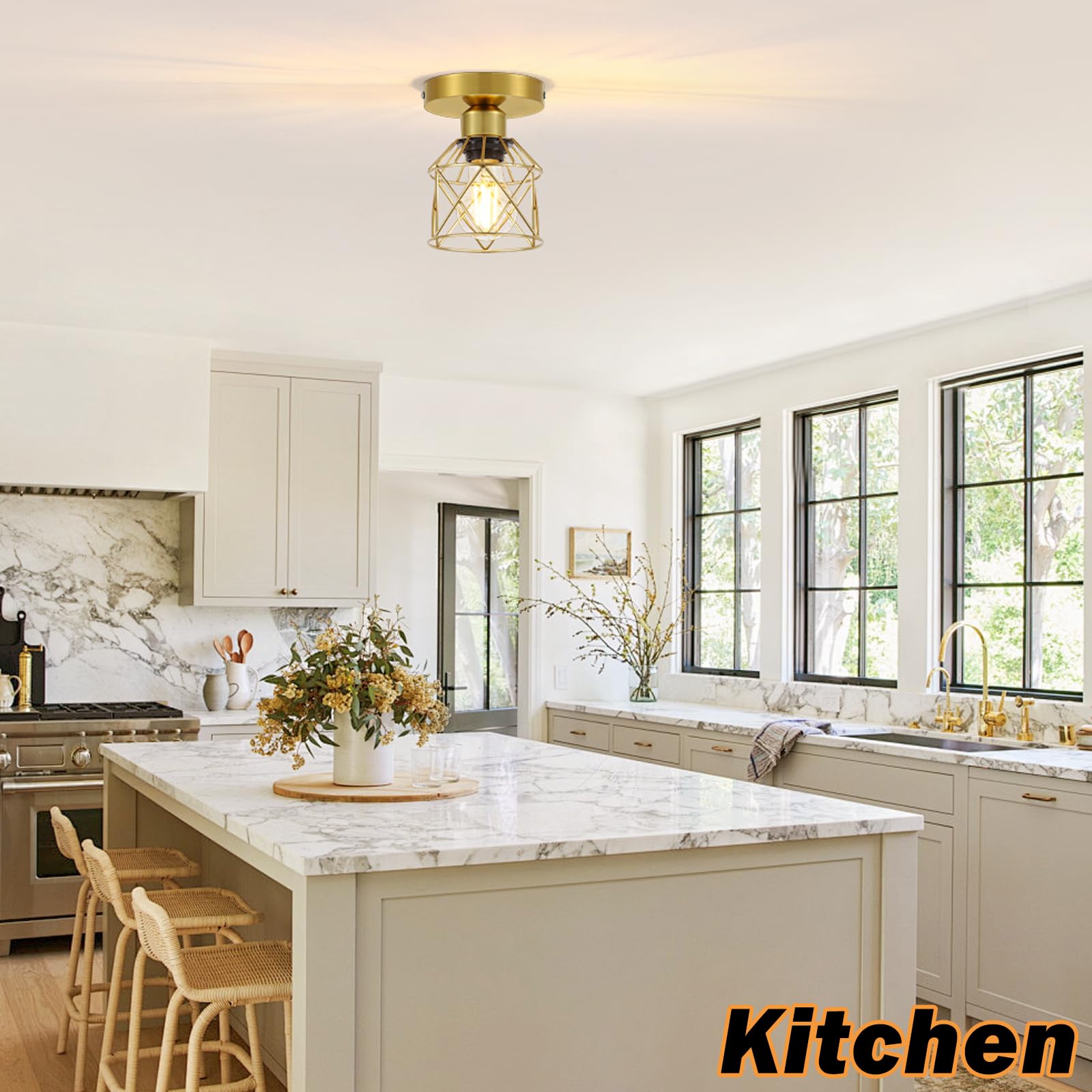 Fadimikoo 2-Pack Gold Hallway Light Fixtures Ceiling  Small Semi Flush Mount Ceiling Light With Gold Metal Cage  Indoor Close To Lighting Lamp For Bedroom Closet Entryway (Led Bulbs Included)