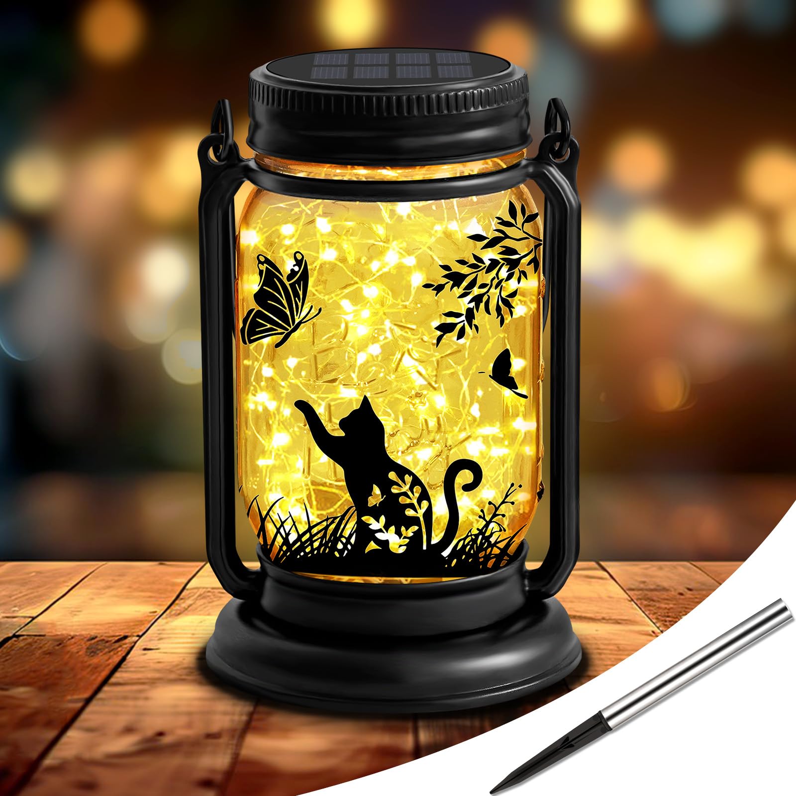 ANGMLN Cat Solar Lanterns 3-in-1 Outdoor Waterproof Glass Mason Jar Hanging Lights for Garden Decor - Model FG-61, Cat Color