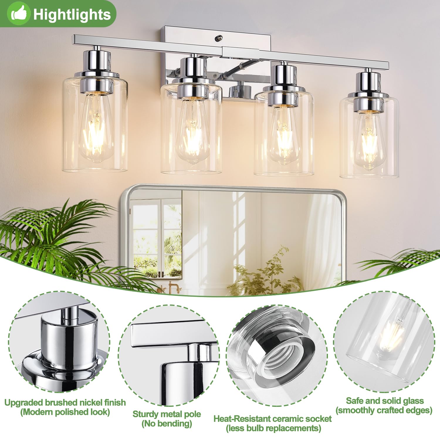 Indoi 4 Light Bathroom Light Fixtures, Chrome Vanity Lights With Clear Glass Shades, Modern Bathroom Light Fixtures Over Mirror,