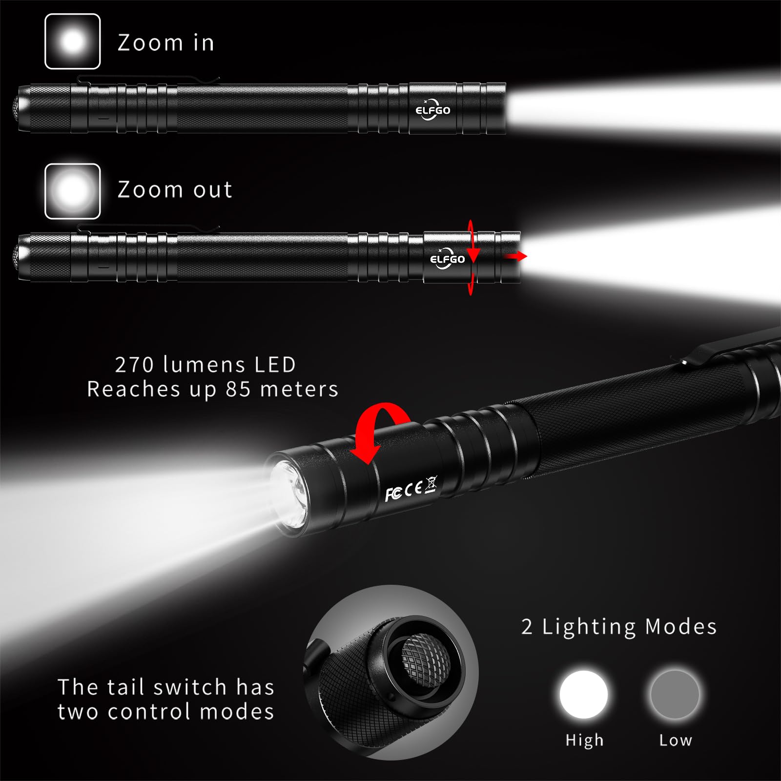 Elfgo Led Pen Light, Zoomable 270 Lumens Mini Flashlight For Nurses, Doctors, Inspection, Repair