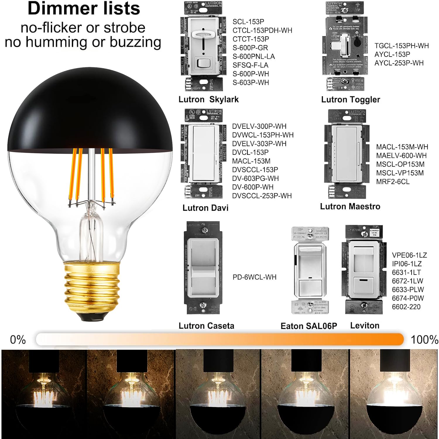 Leools Dimmable Half Black Light Bulb, 6W (60W Eqv.), Anti Glare Led Light Bulbs,2700K Warm White, E26 Silver Dipped Bulb, G25 G