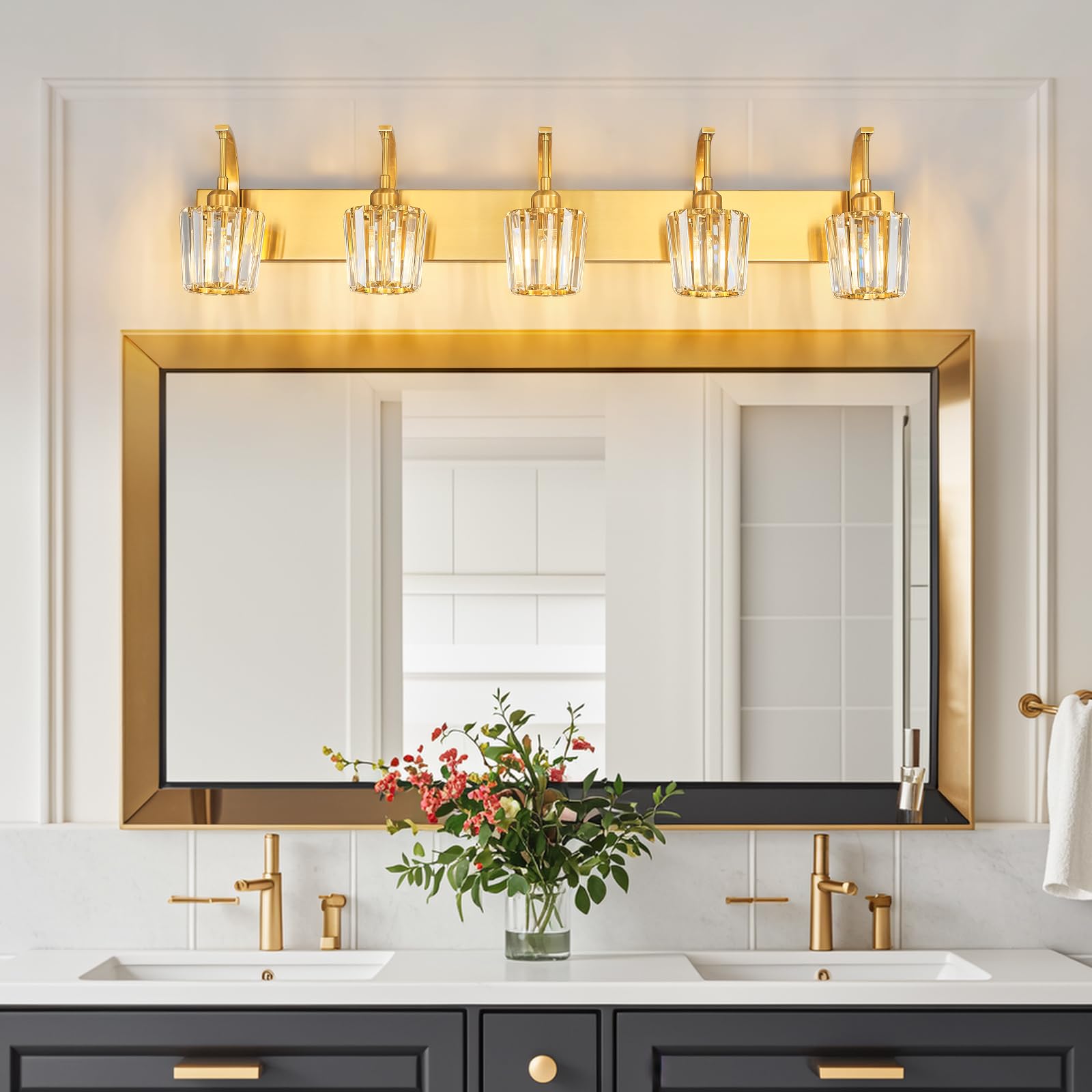 Fdpby Modern Bathroom Vanity Light  5-Light Gold Wall Sconce With Crystal Accents  Over Mirror Bathroom Lighting Fixture  42.52 Long Dimmable Vanity Lamp For Makeup  Easy Installation