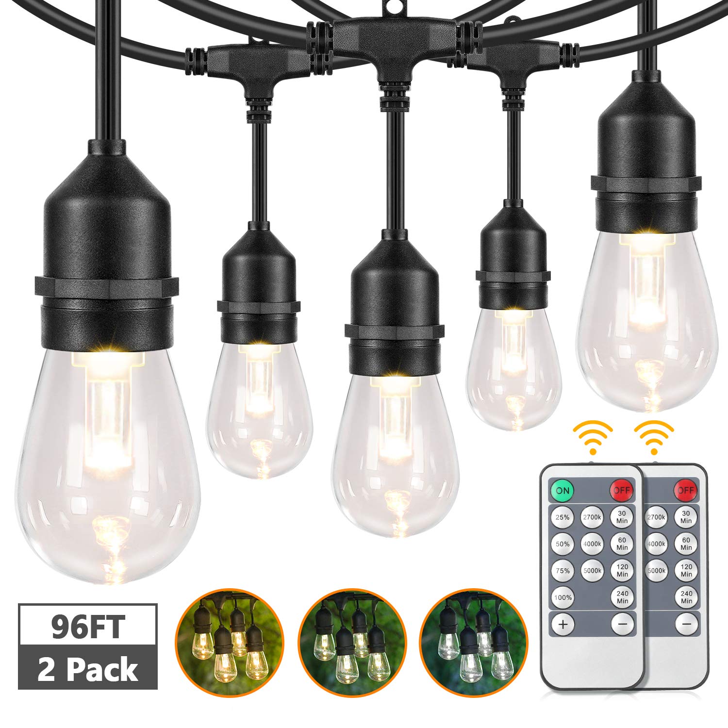 Lakumu 2-Pack Dimmable LED Outdoor String Lights, 96FT Waterproof, Shatterproof Edison Bulbs, 3 Color Temperature, Model GLS22C2YC-S14-15