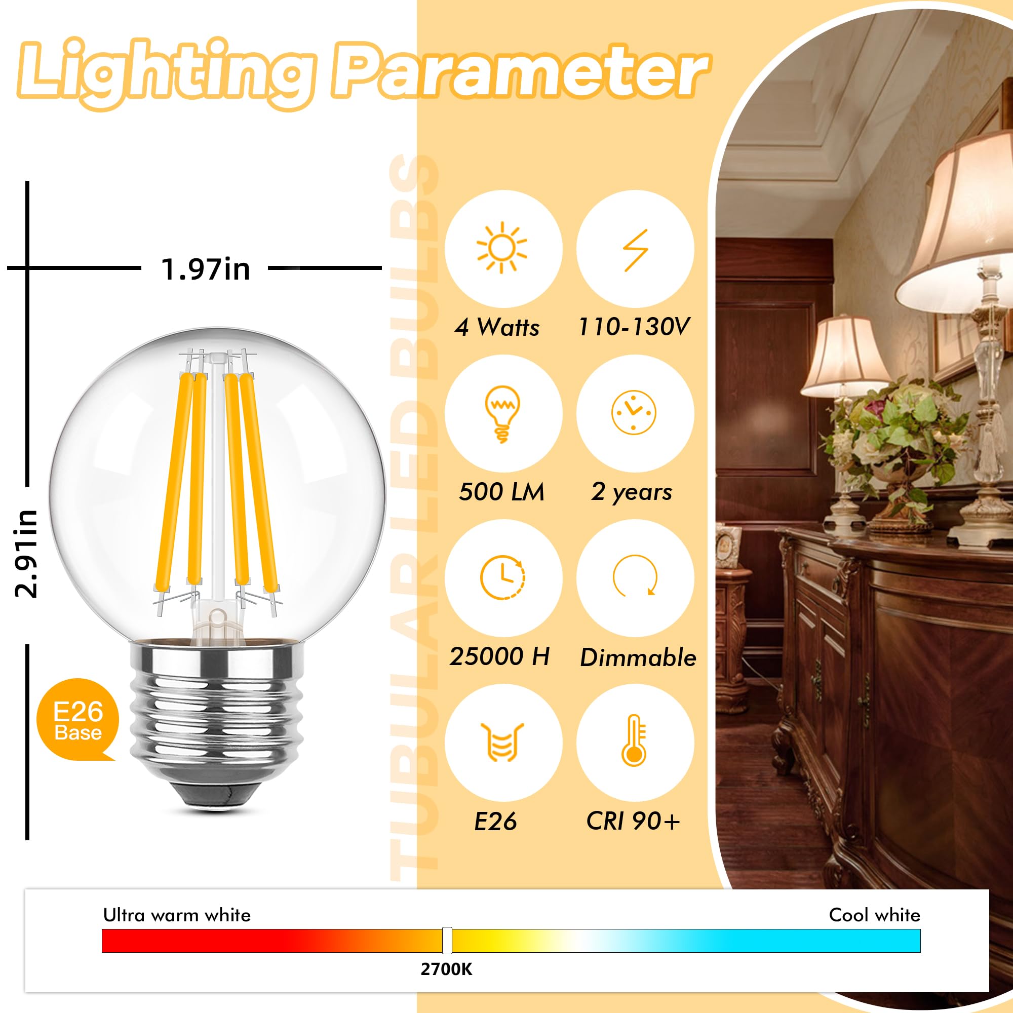 Grensk Dimmable E26 4 Watt Led Light Bulbs, G16.5 Small Globe Light Bulb, Equivalent 40 Watt,2700K Warm White Filament Vintage L