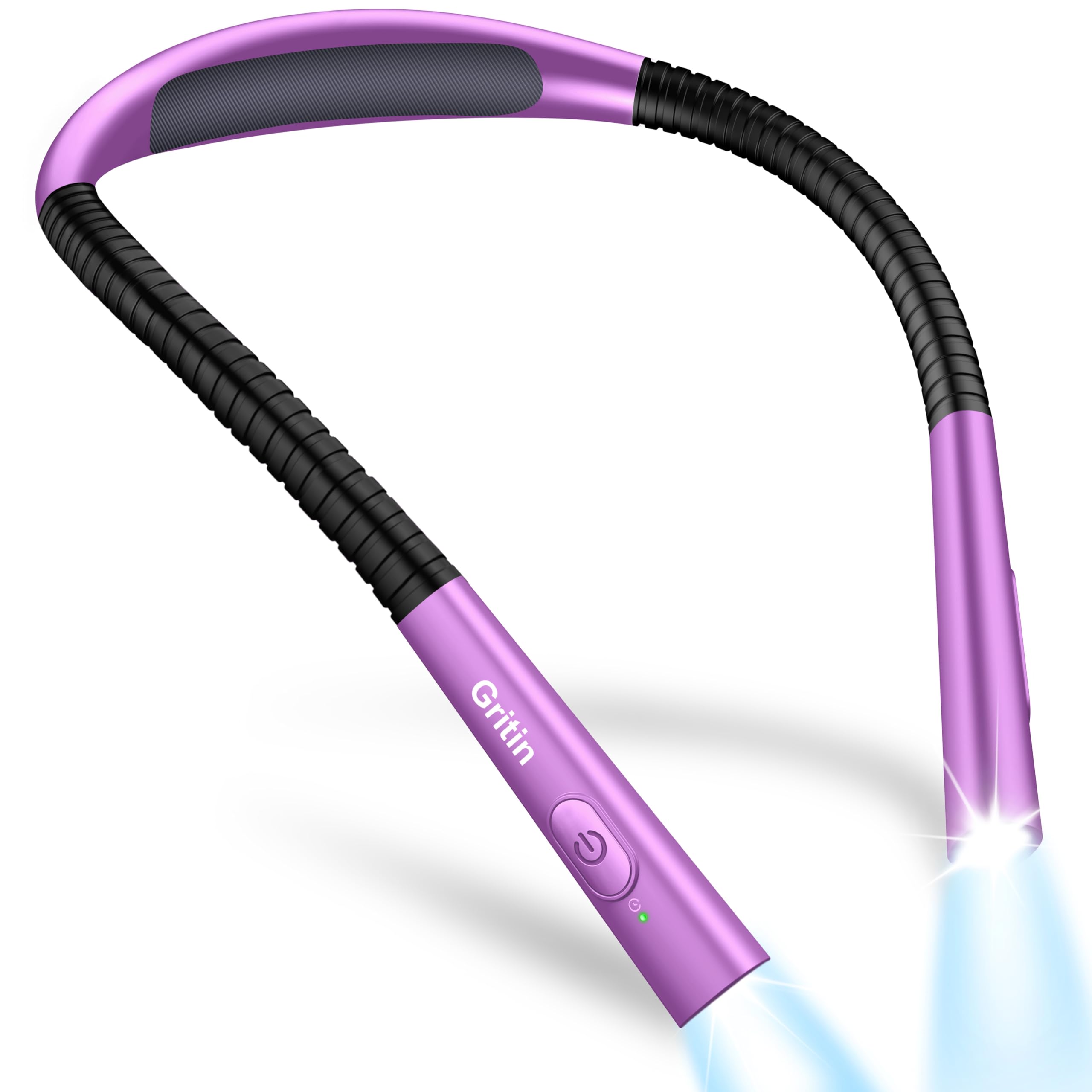 Gritin Book Light  Eye Caring 4-Color & 5-Brightness Neck Light Reading Light- Stepless Dimming 30-min Timer 80+ Hrs Runtime Bendable Round Neck Design  Lightweight for Reading-Dark Purple