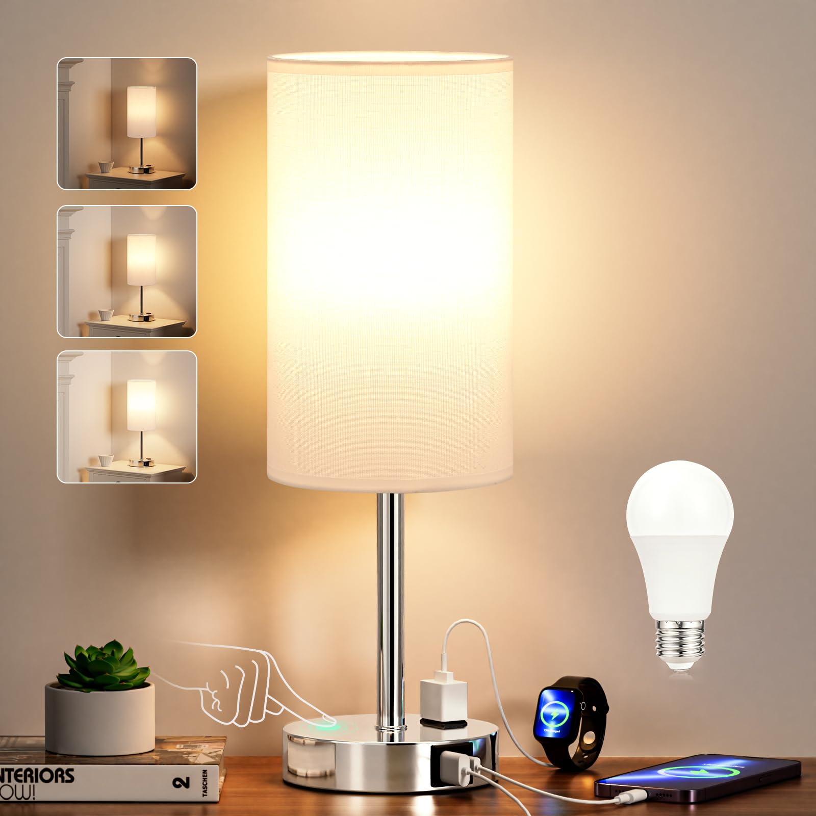 17.4Inch Bedside Touch Table Lamps for Bedroom - Tall Nightstand Lamp with USB-C USB-A Charging Ports White - 3 Way Dimmable Con