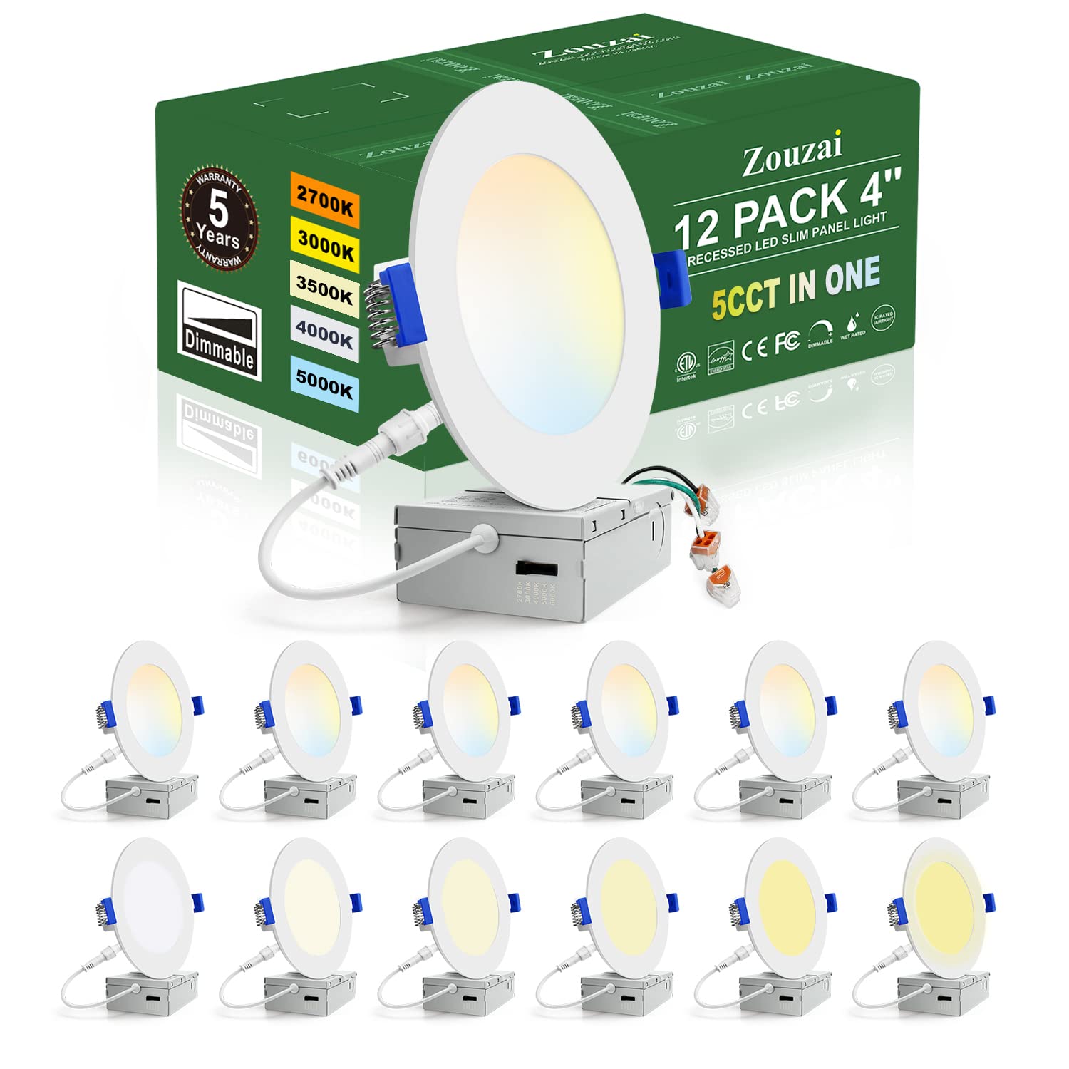 Zouzai 12 Pack 4 Inch 5Cct Ultra-Thin Led Recessed Ceiling Light With Junction Box, 2700K/3000K/3500K/4000K/5000K Selectable, 9.